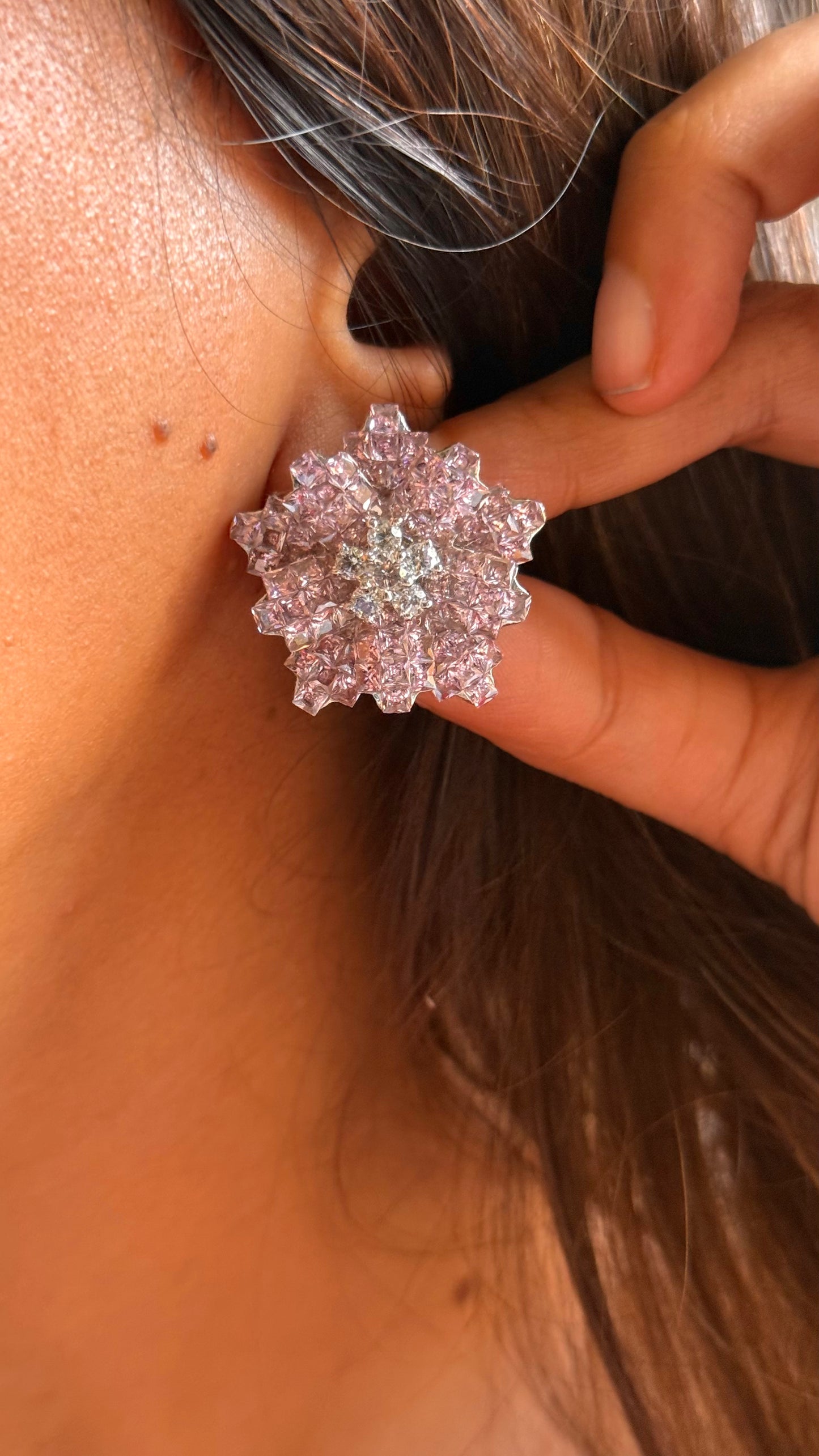 Rose quartz diamond floral studs