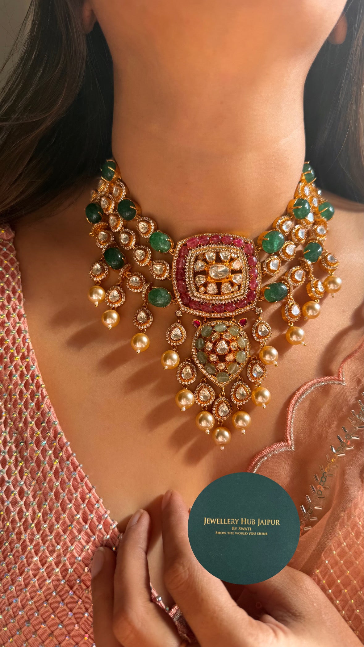 Real moissanite Ruby & Emerald designer polki necklace