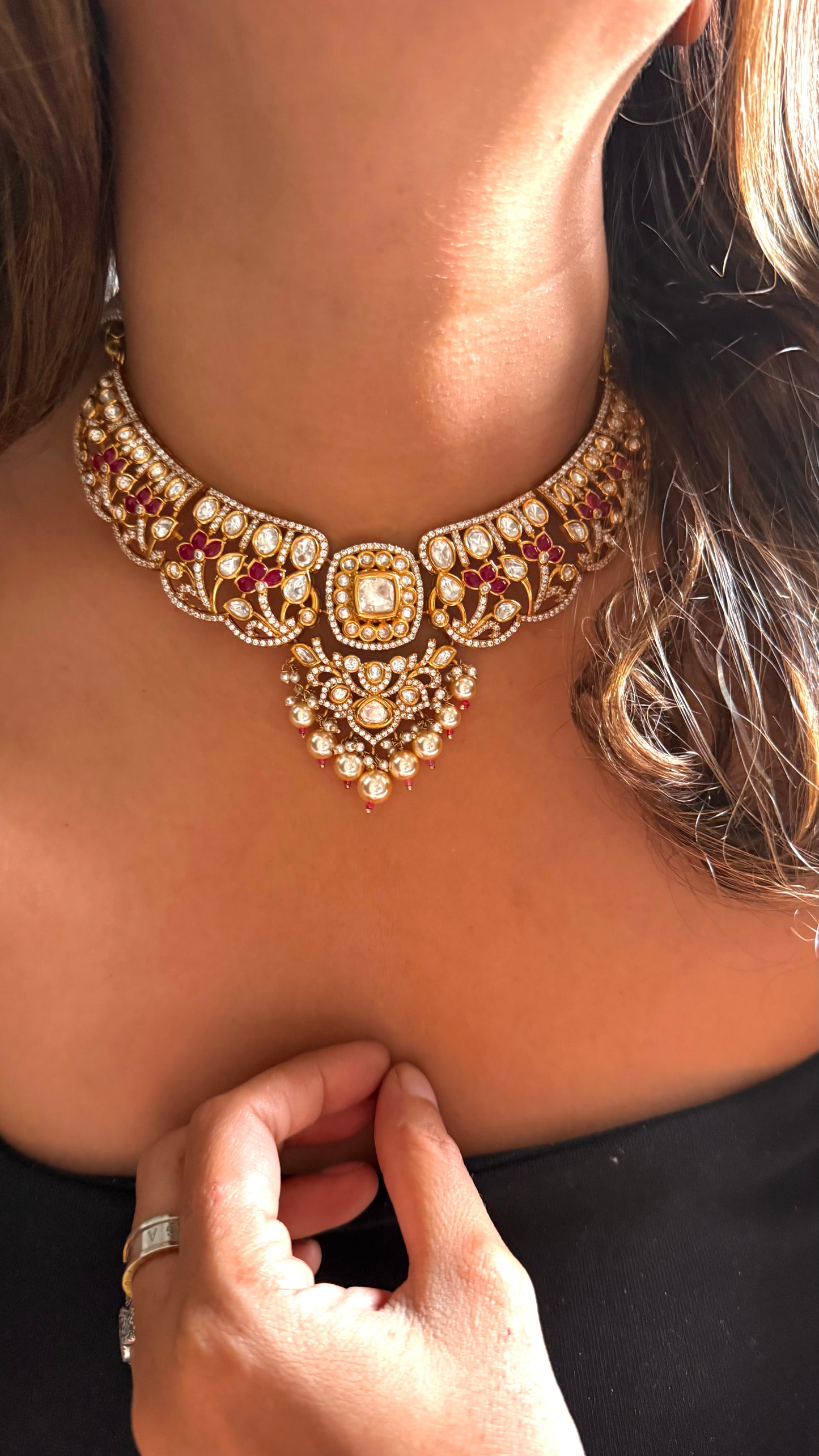 Ruby Moissanite Polki Necklace ( dual Polish)