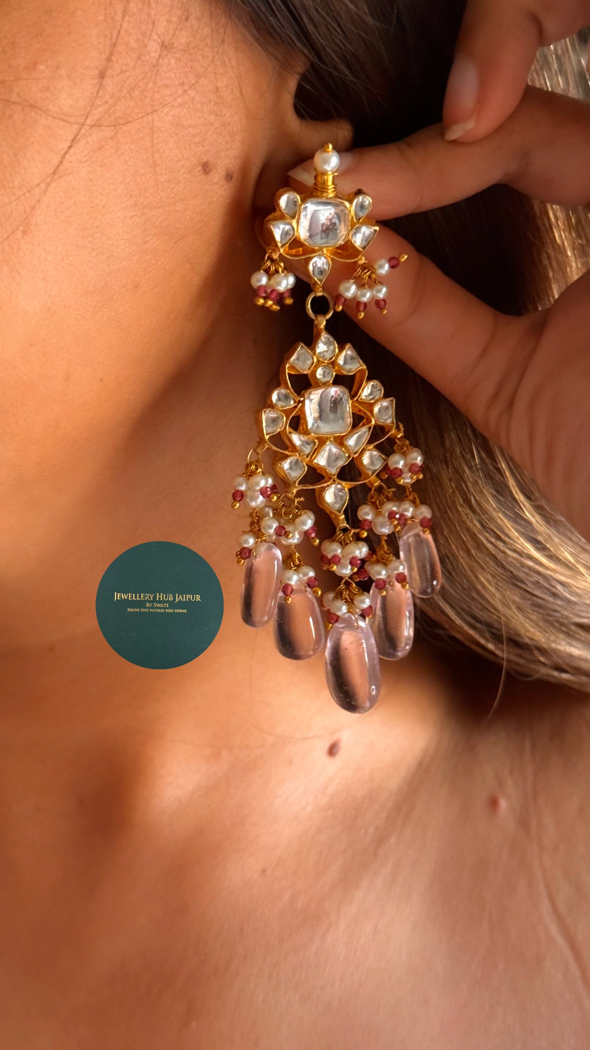 Rose quartz drop in paachi kundan collar set