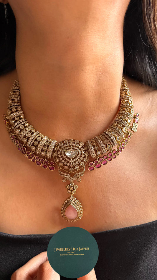 Rani pink ruby with rose quartz designer collar Necklace