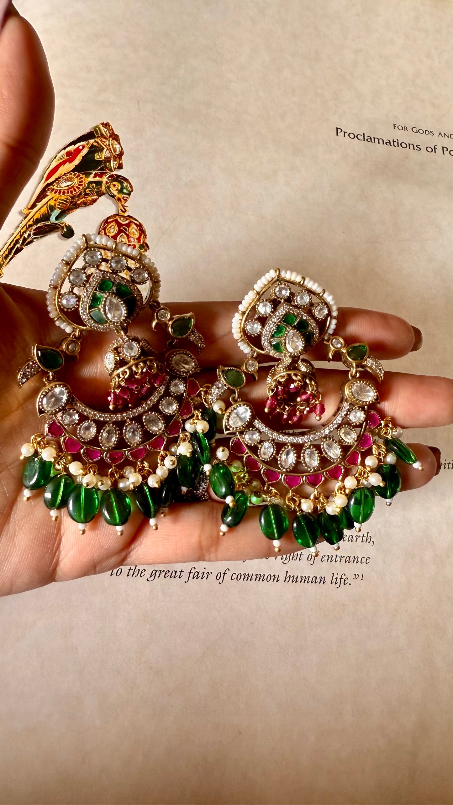 Rani pink & emerald moissanite polki chandbali