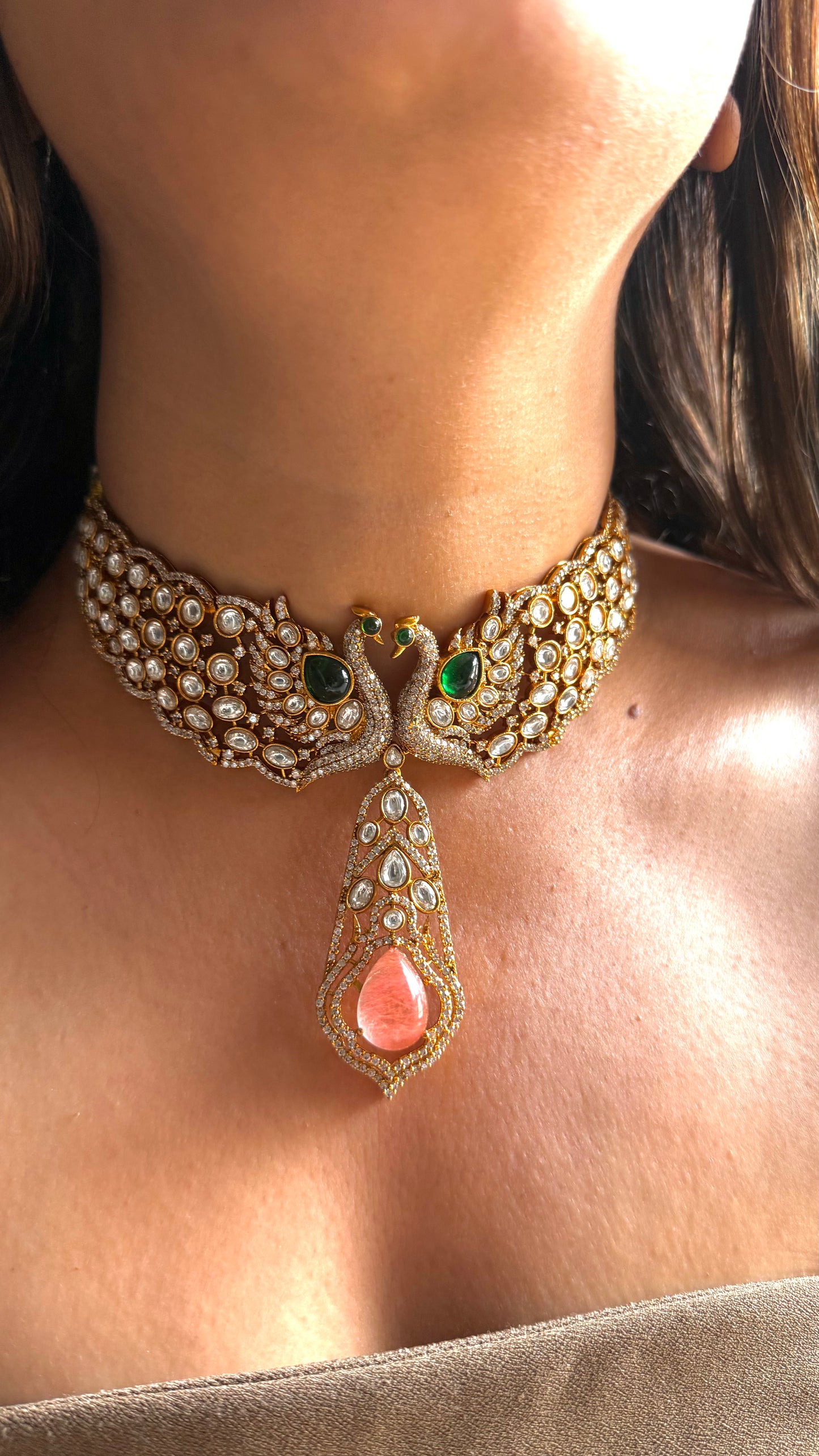 Emerald & rose Quartz peacock, inspired, joker