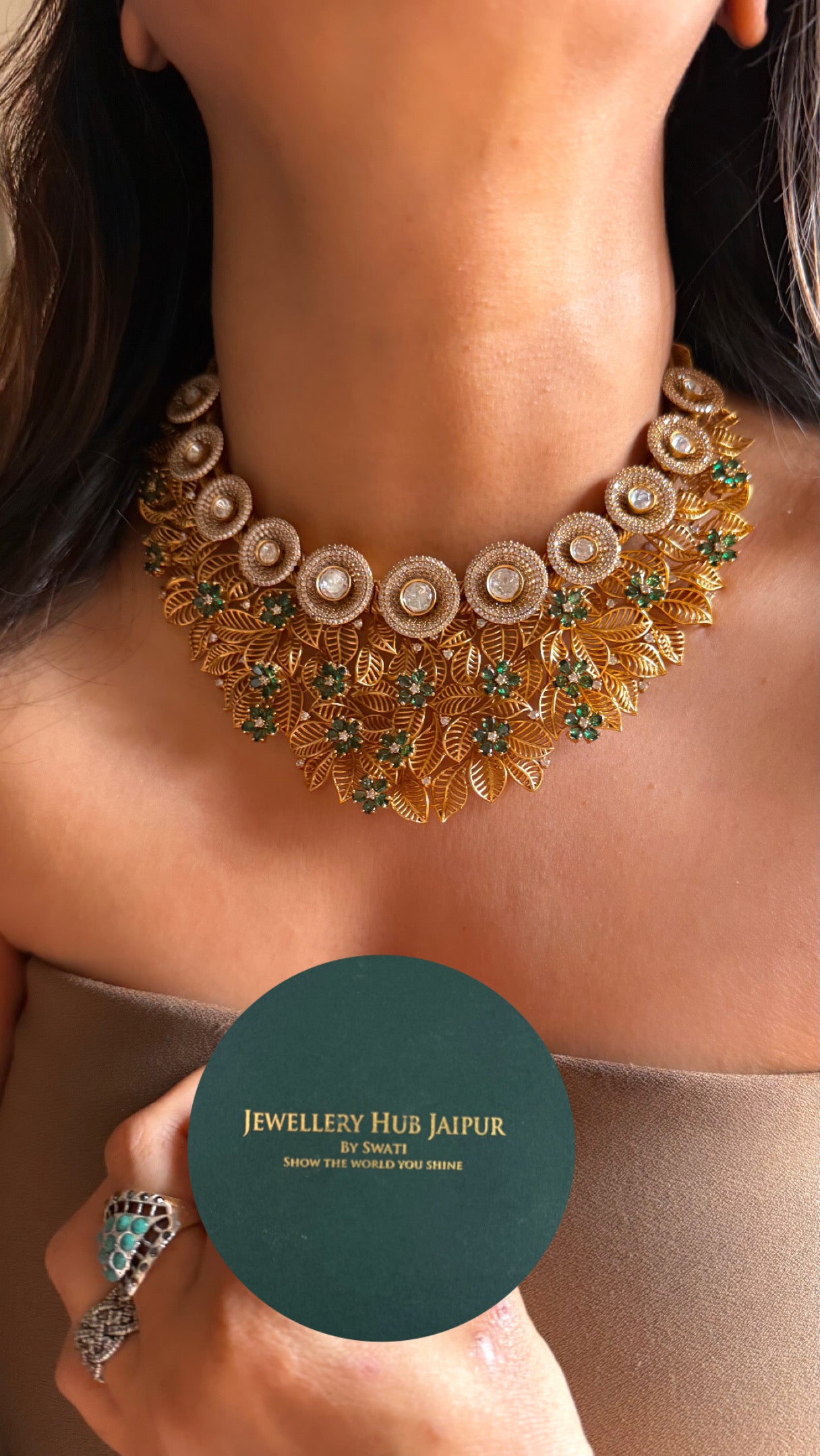 Emerald with gold polish leaf designer collar necklace