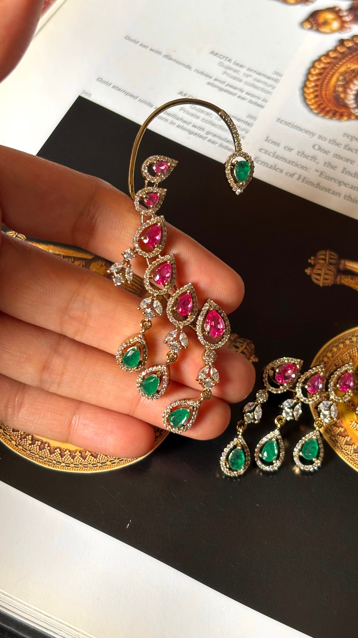 Rani pink & emerald doublets with cz diamond earcuff earrings