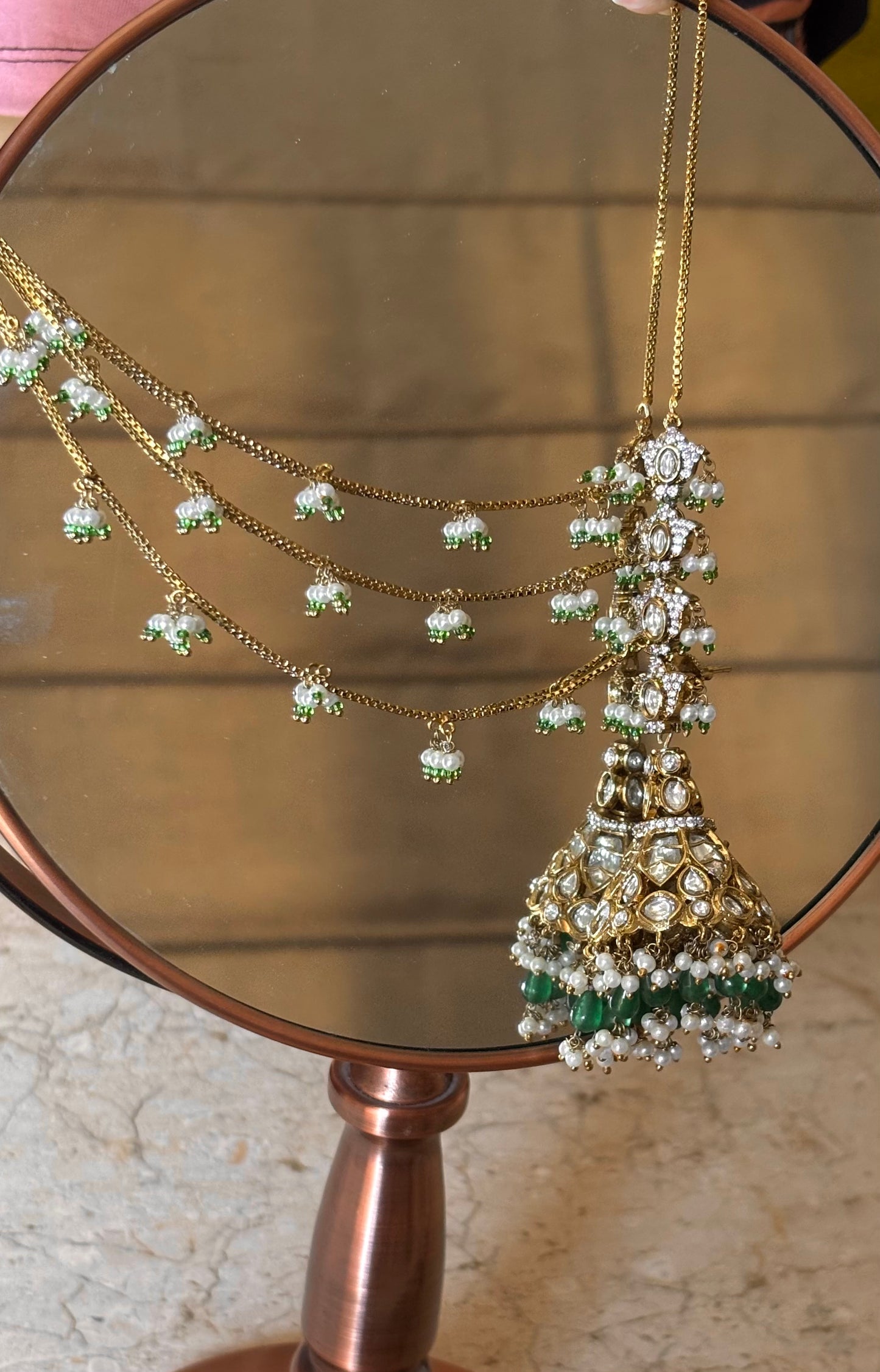 Polki Jhumki emerald pearl detailing with attach kaan chain Earrings