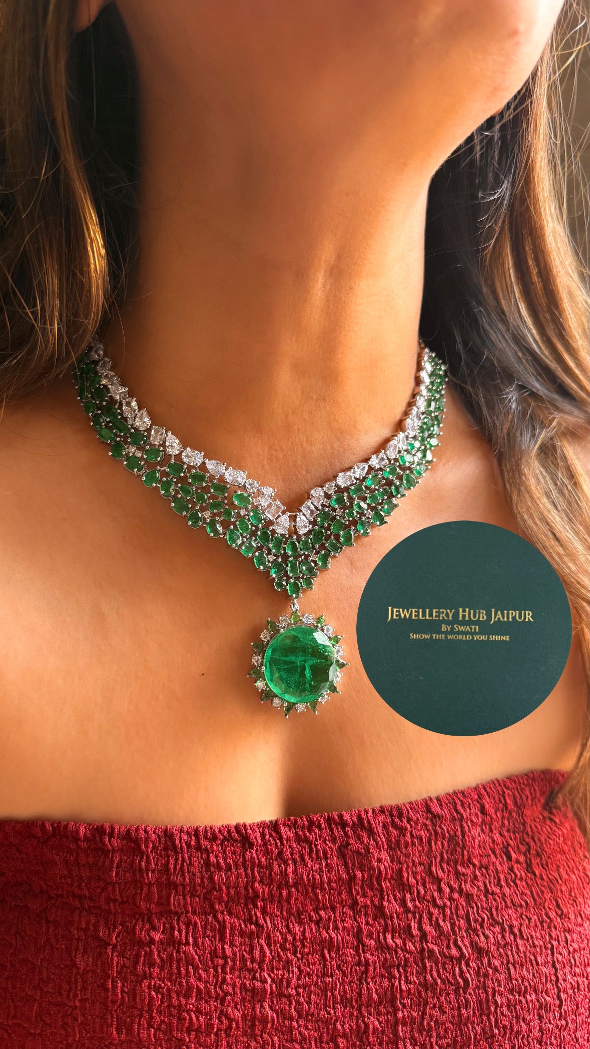 Emerald doublet cz emerald diamond  collar set