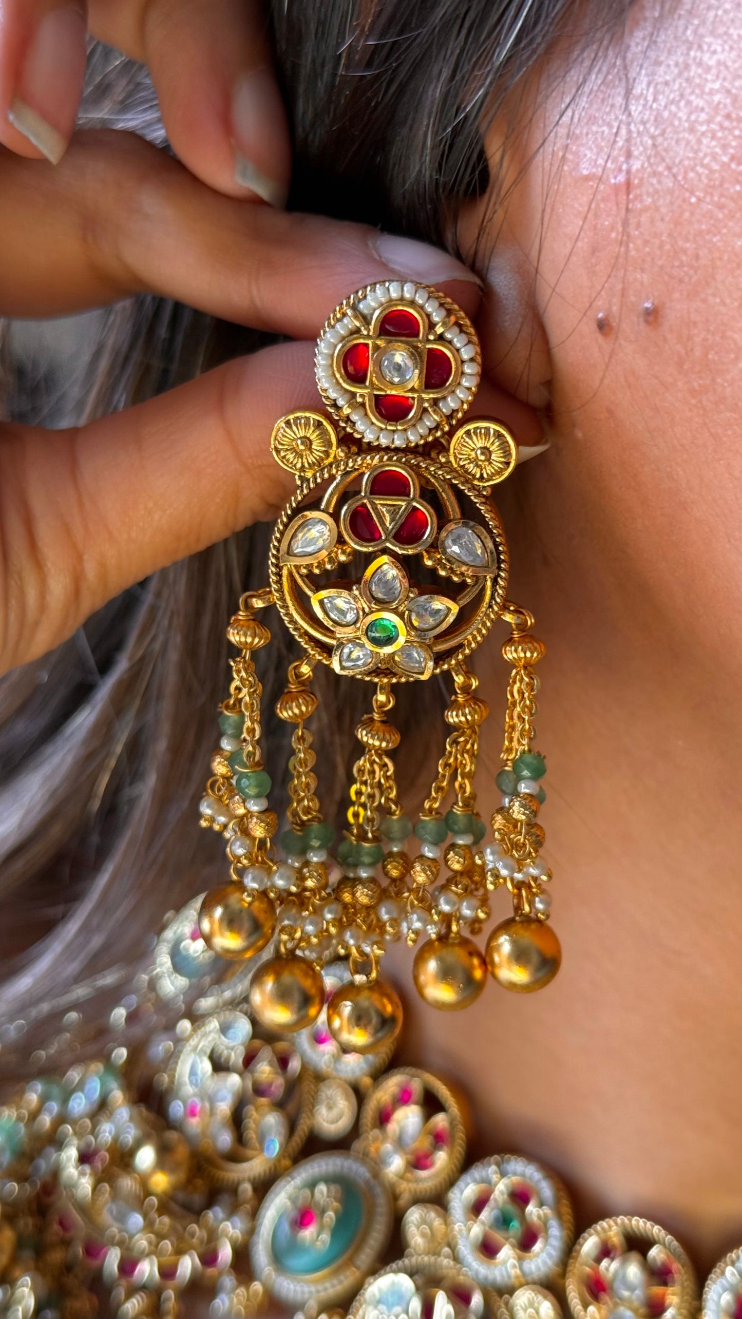 Ruby & mint heritage half moon rajwada Necklace