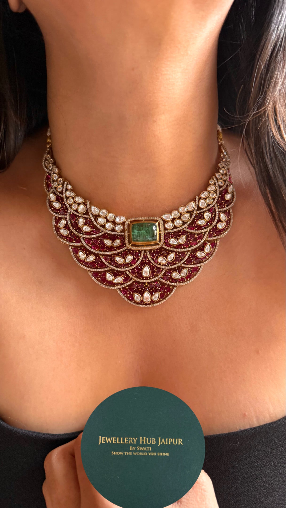 Mint doublet with rani pink feathered designer Necklace