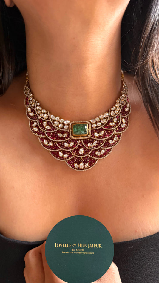 Mint doublet with rani pink feathered designer Necklace