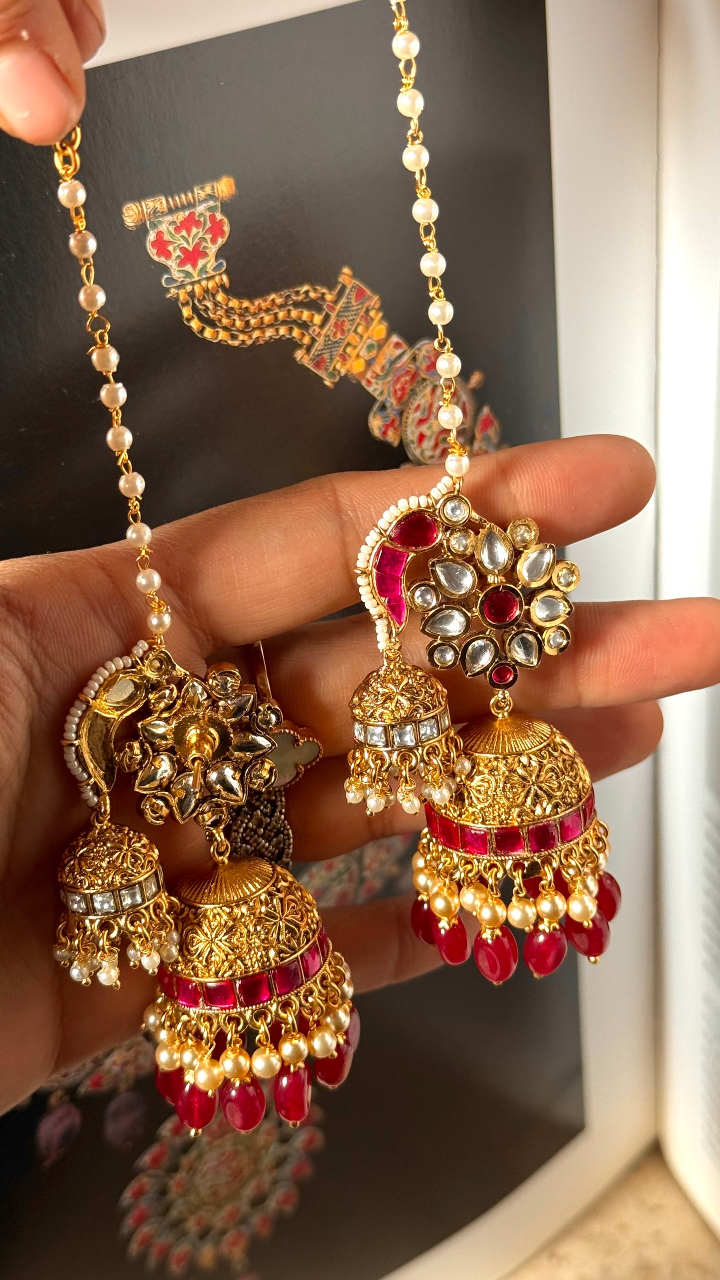 Ruby rani pink rajwada jhumki with ear chain