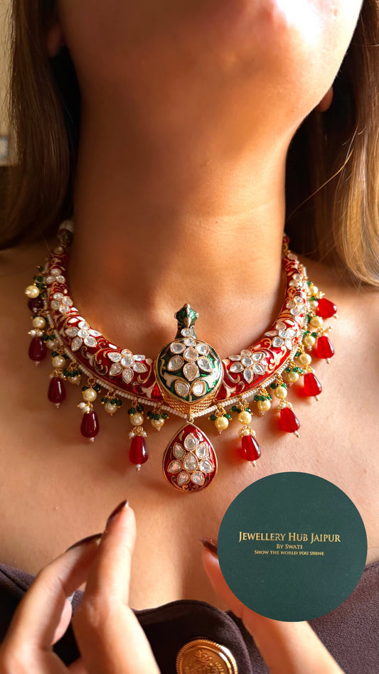 Ruby & emerald meenakari moissanite peacock with ruby drop Hasli