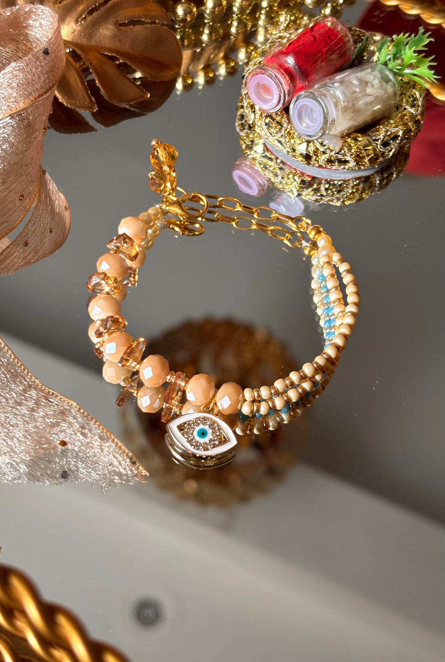 Evil eye peach & firoza designer Rakhi bracelet ( shipping will be extra )