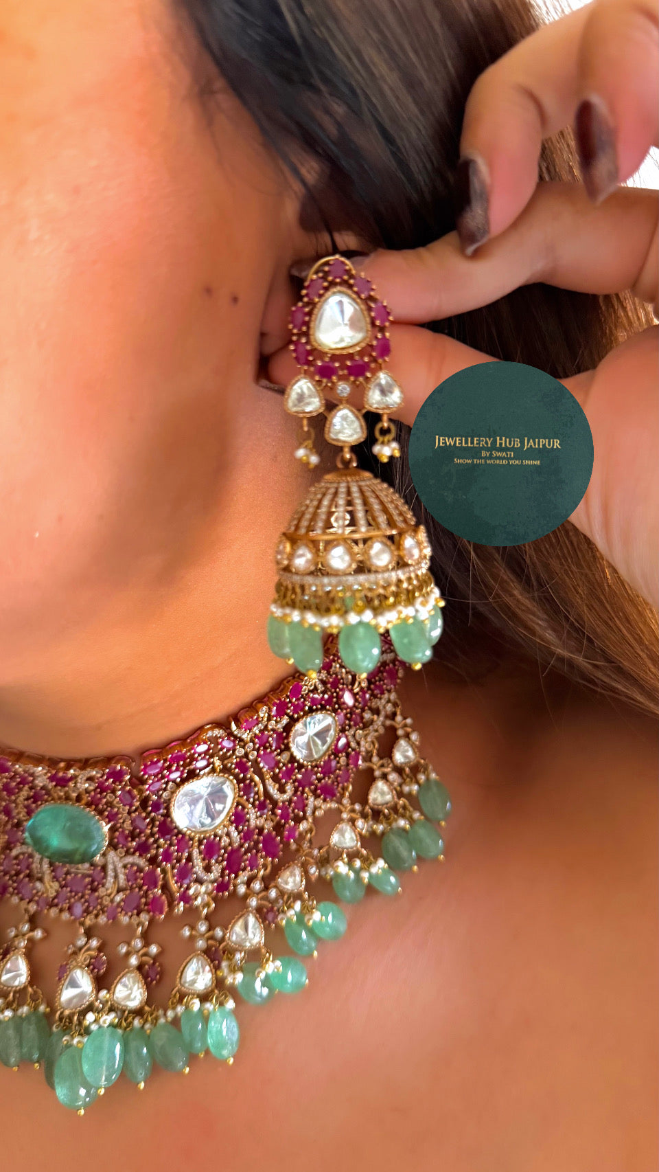 Tiana Rani pink moissanite & mint doublet polki choker