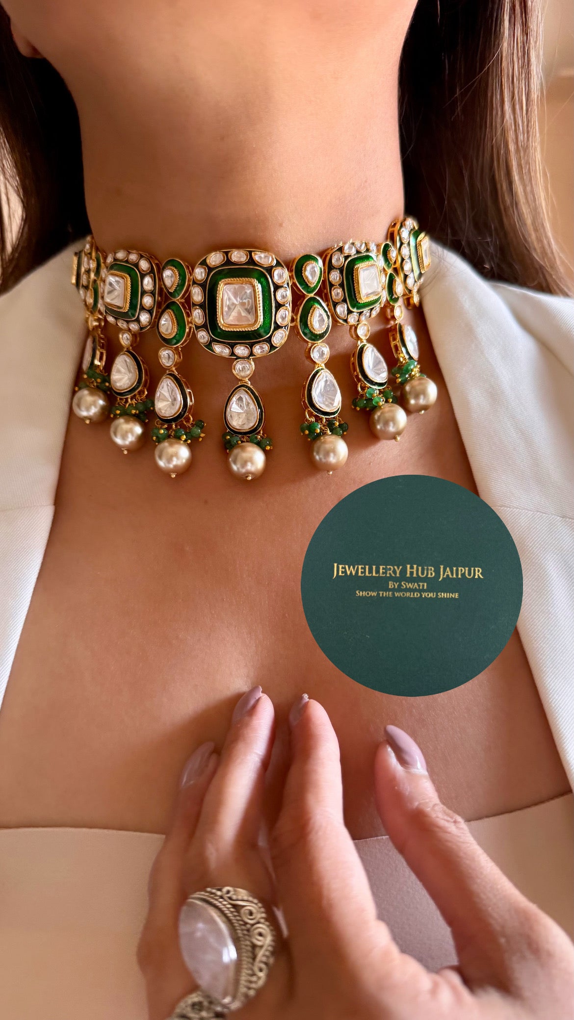 Paanabindu Emerald meenakari with cocktail drop with earrings