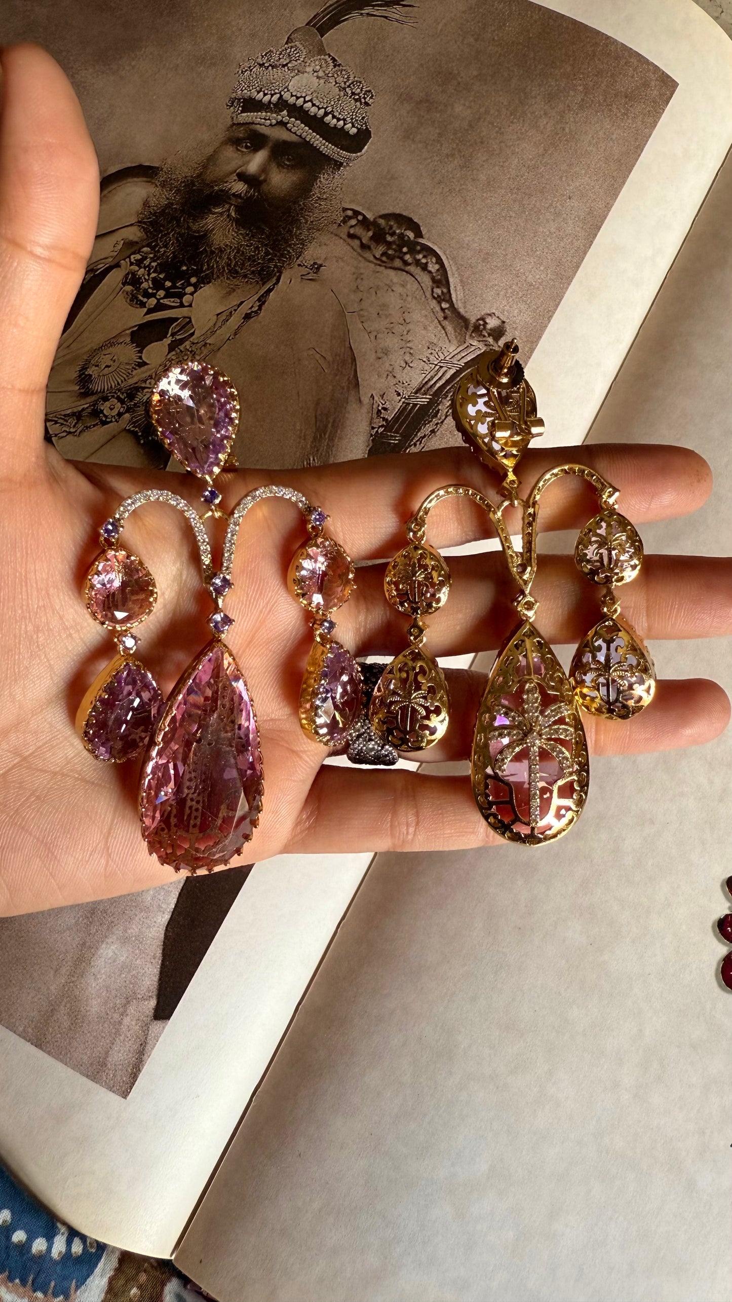 Sabhyasachi inspired light tanzanite & rose quartz danglers
