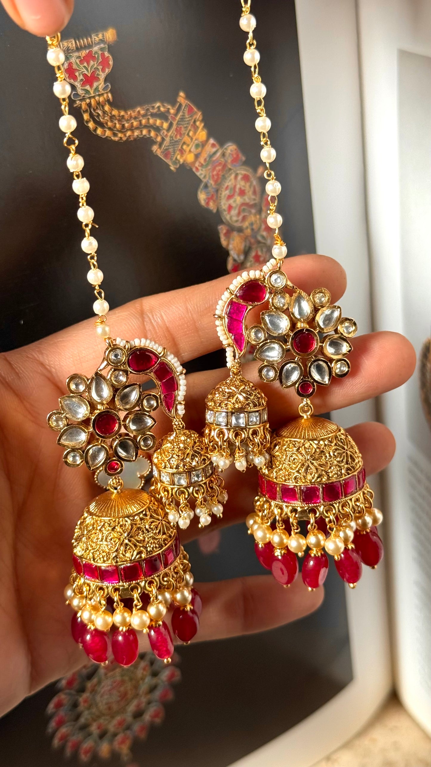 Ruby rani pink rajwada jhumki with ear chain