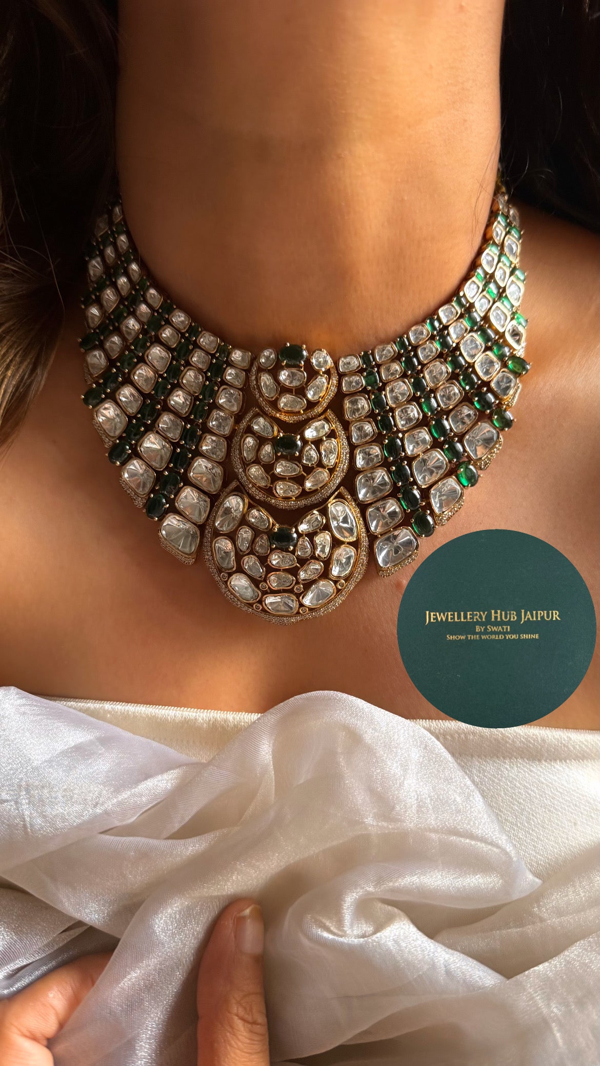 Emerald doublet & moissanite uncut polki Victorian choker set