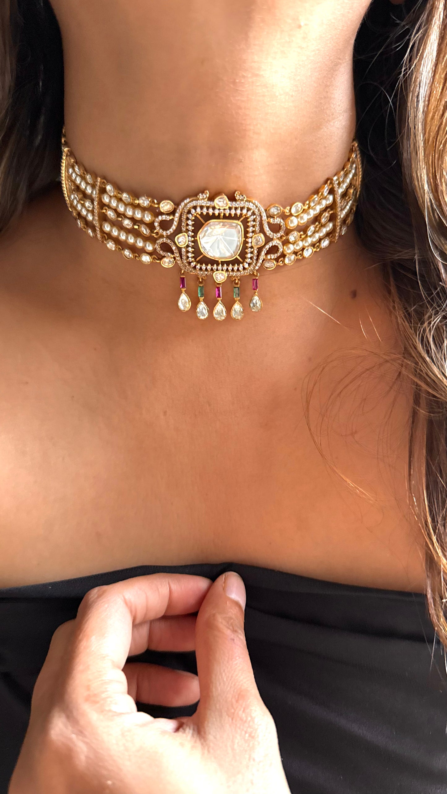 Pearl & Moissanite Uncut LV Polki choker