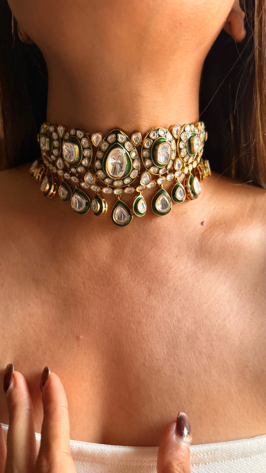 Meenakari Emerald uncut polki choker necklace