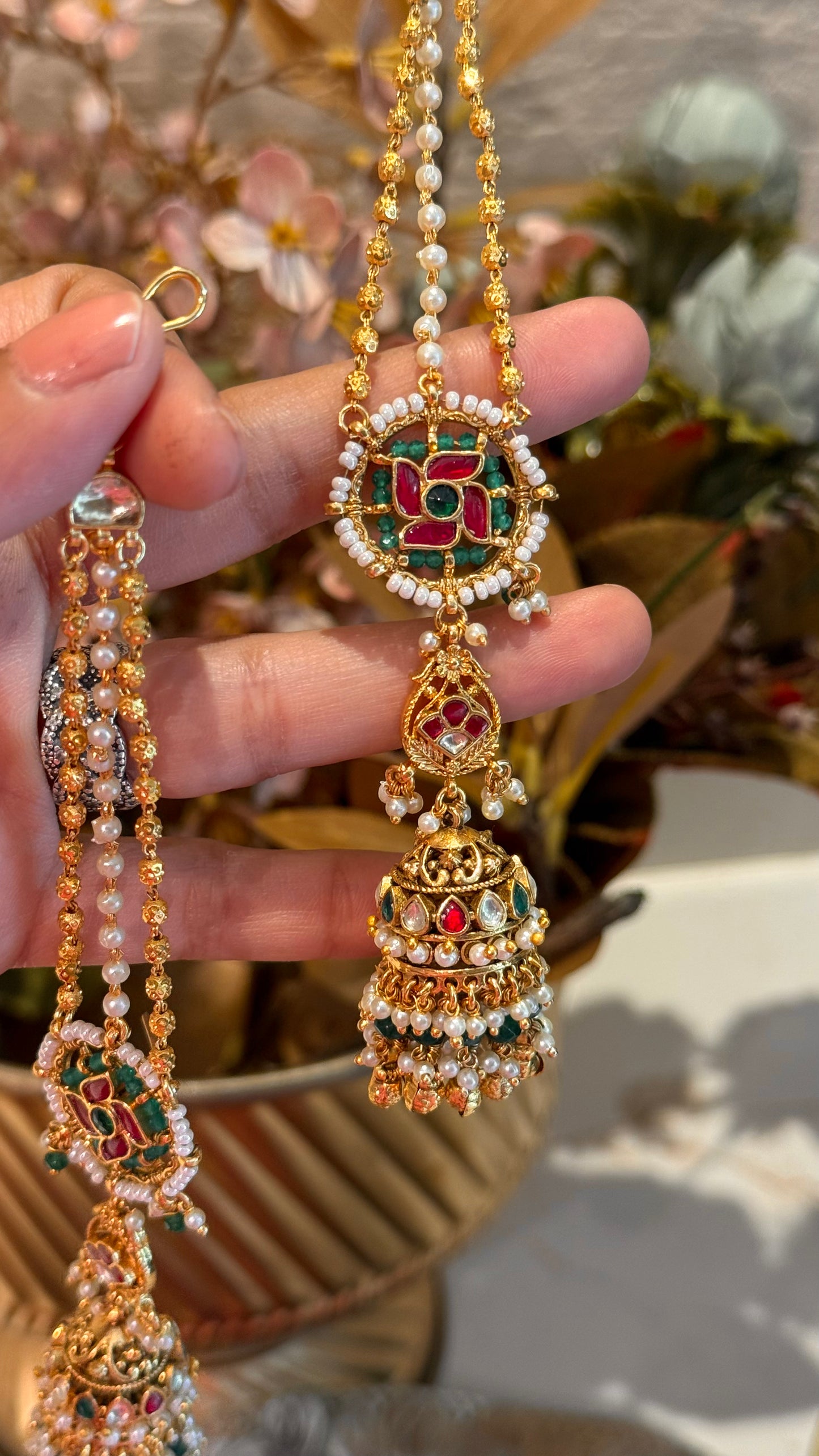 Handmade Swastik jhumki with triple line earchain