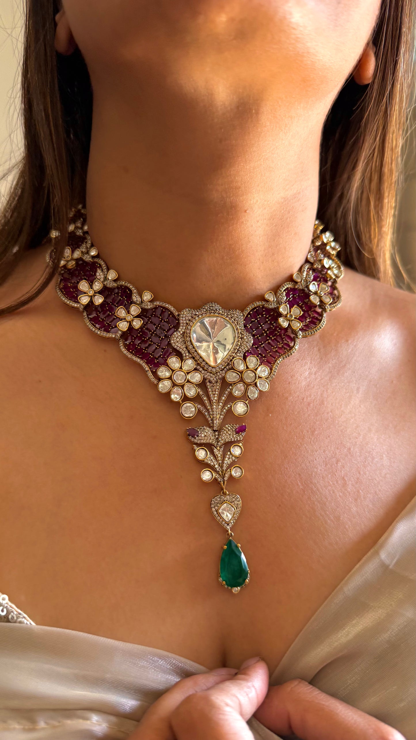 Vaidayi Designer uncut polki ruby moissanite collar necklace