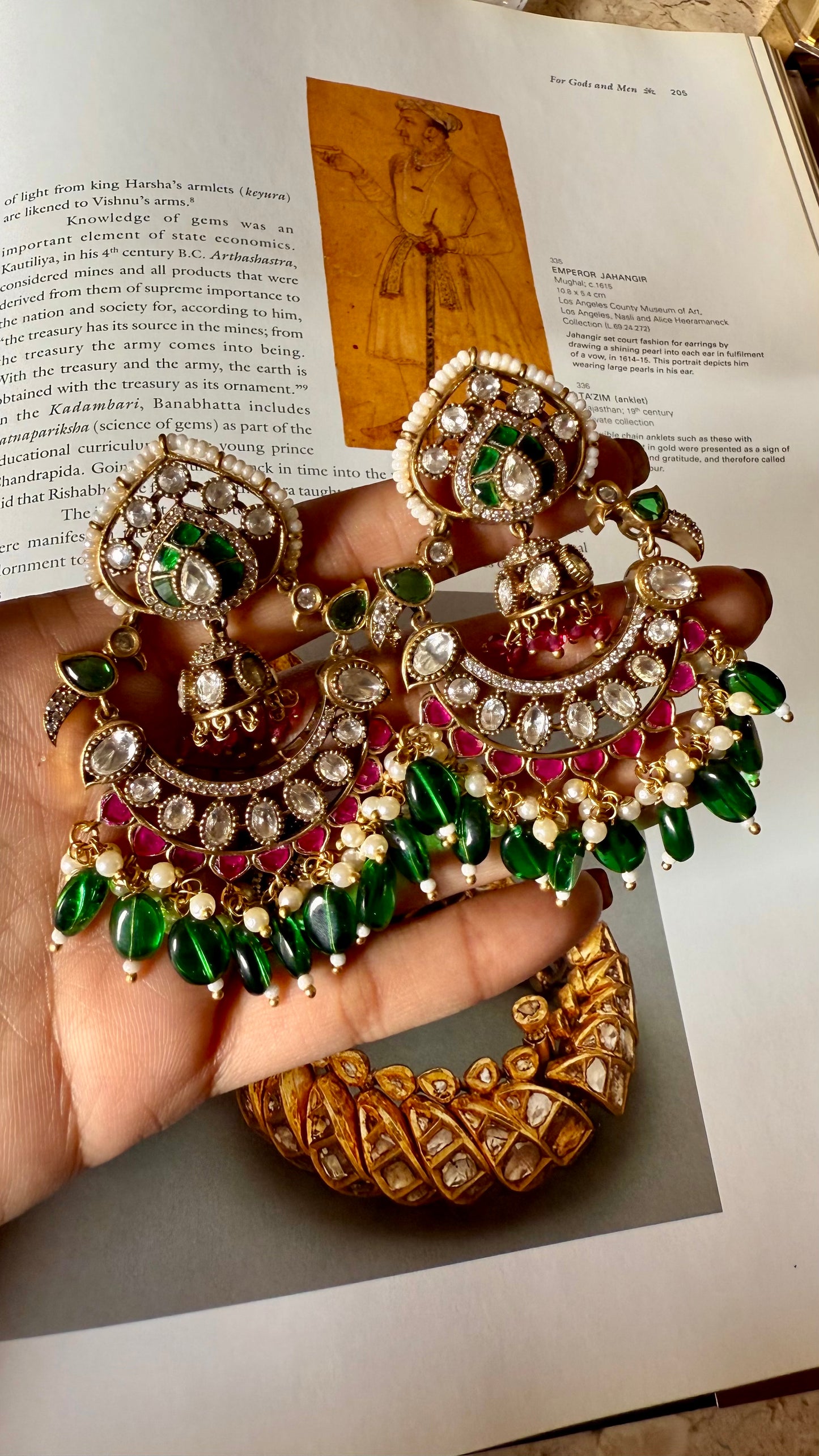 Rani pink & emerald moissanite polki chandbali