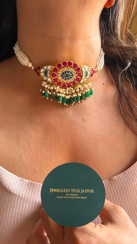Handmade Paachi Kundan jadau multicoloured thread choker necklace set