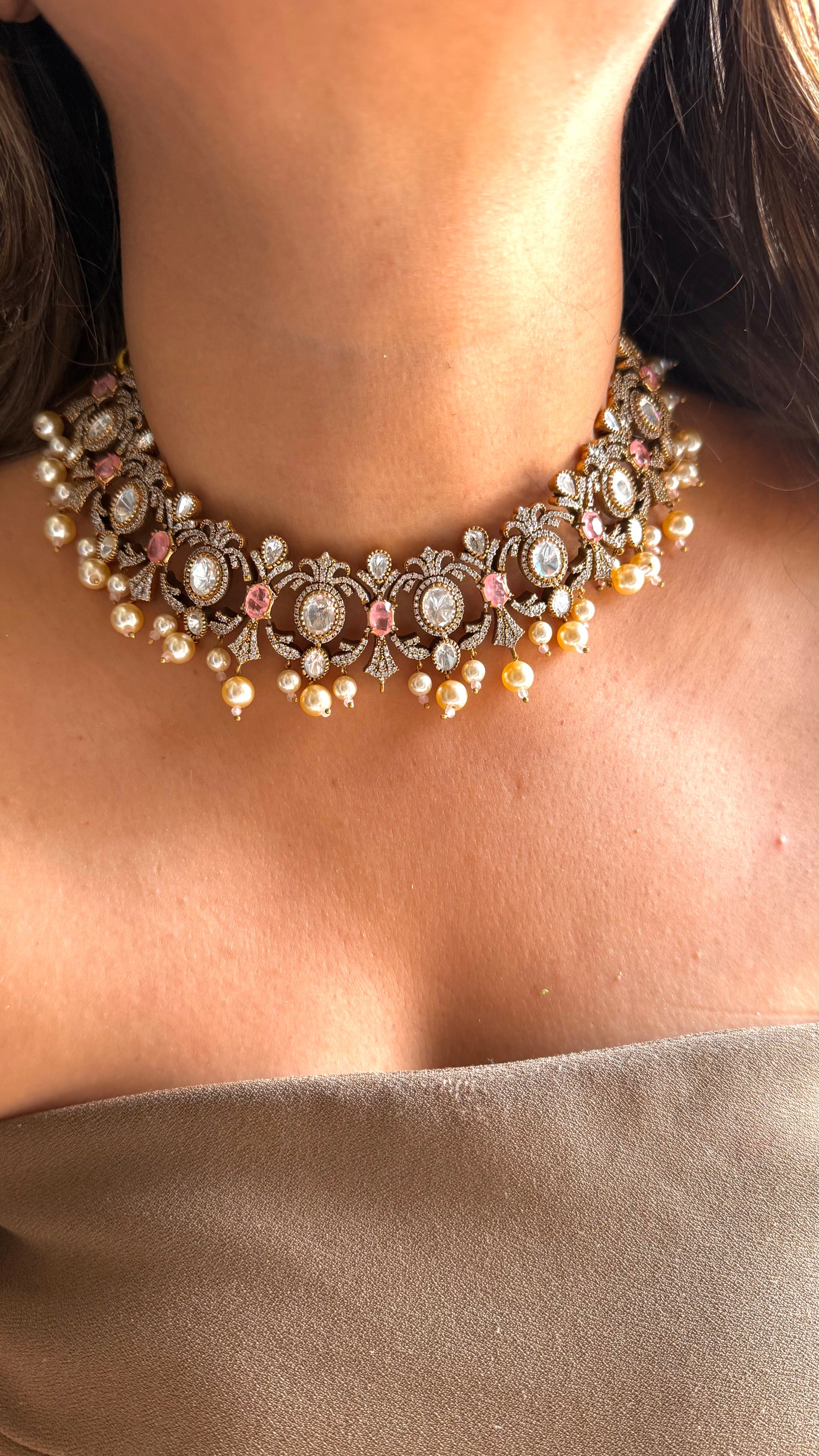 Rose Quartz victorian necklace with pearl detailing
