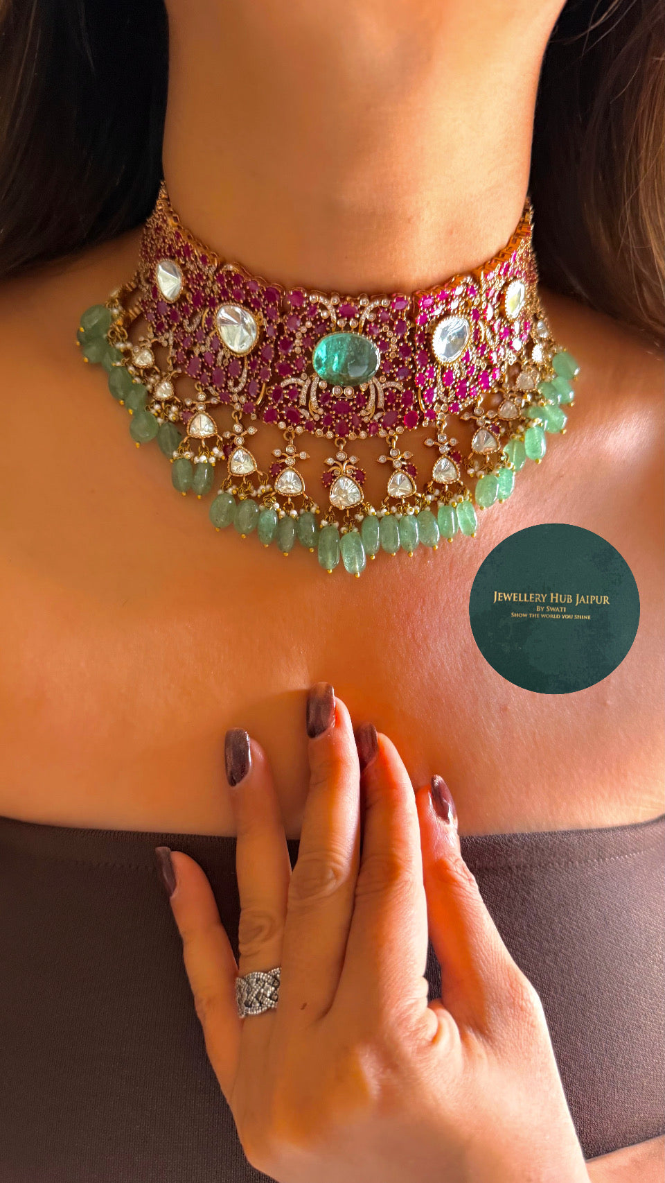 Tiana Rani pink moissanite & mint doublet polki choker