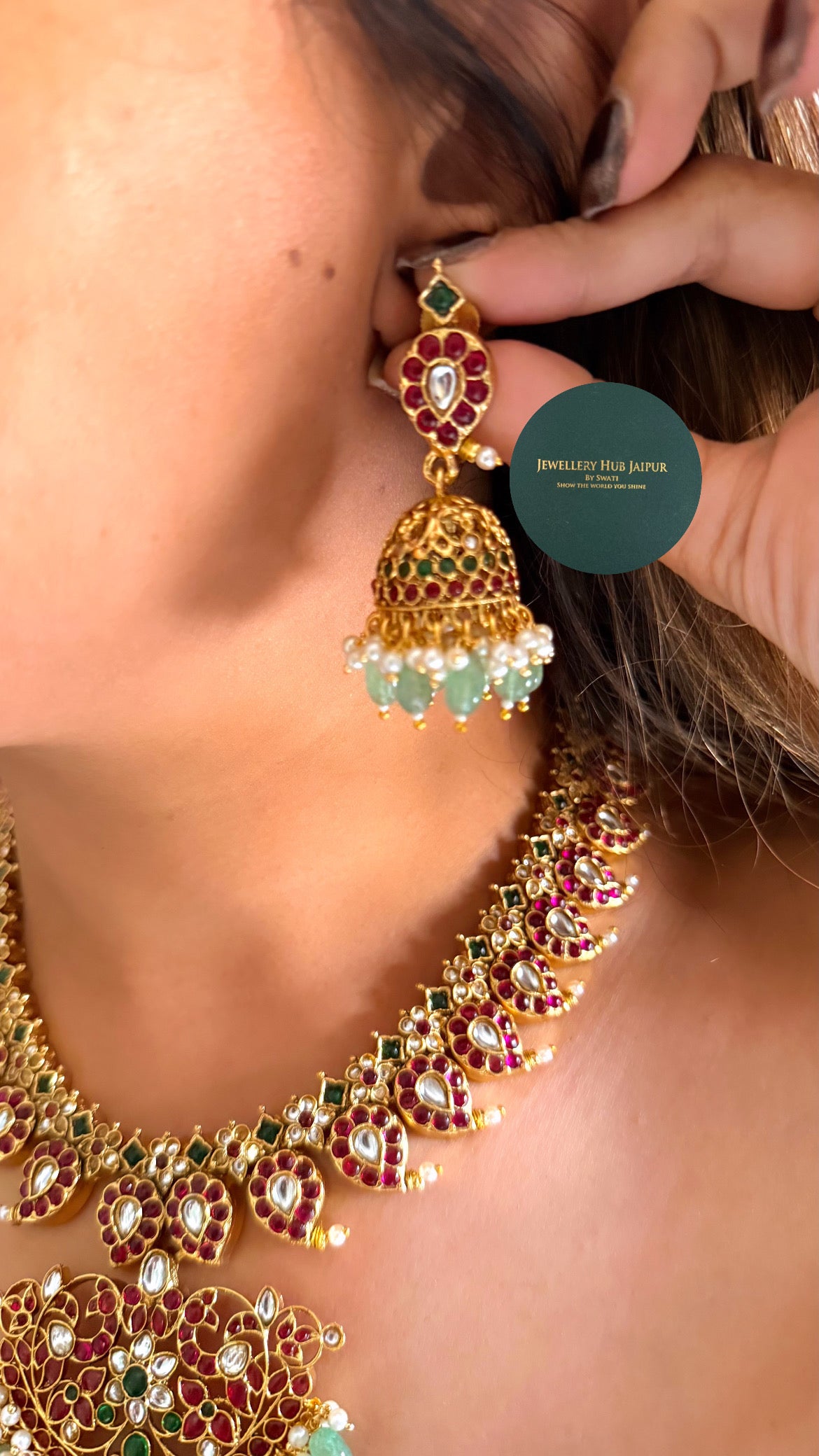 Jahanvi Rani pink & mint keri design temple jewellery set