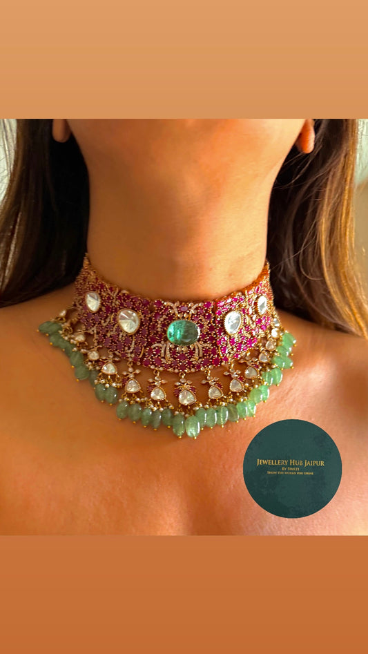 Tiana Rani pink moissanite & mint doublet polki choker