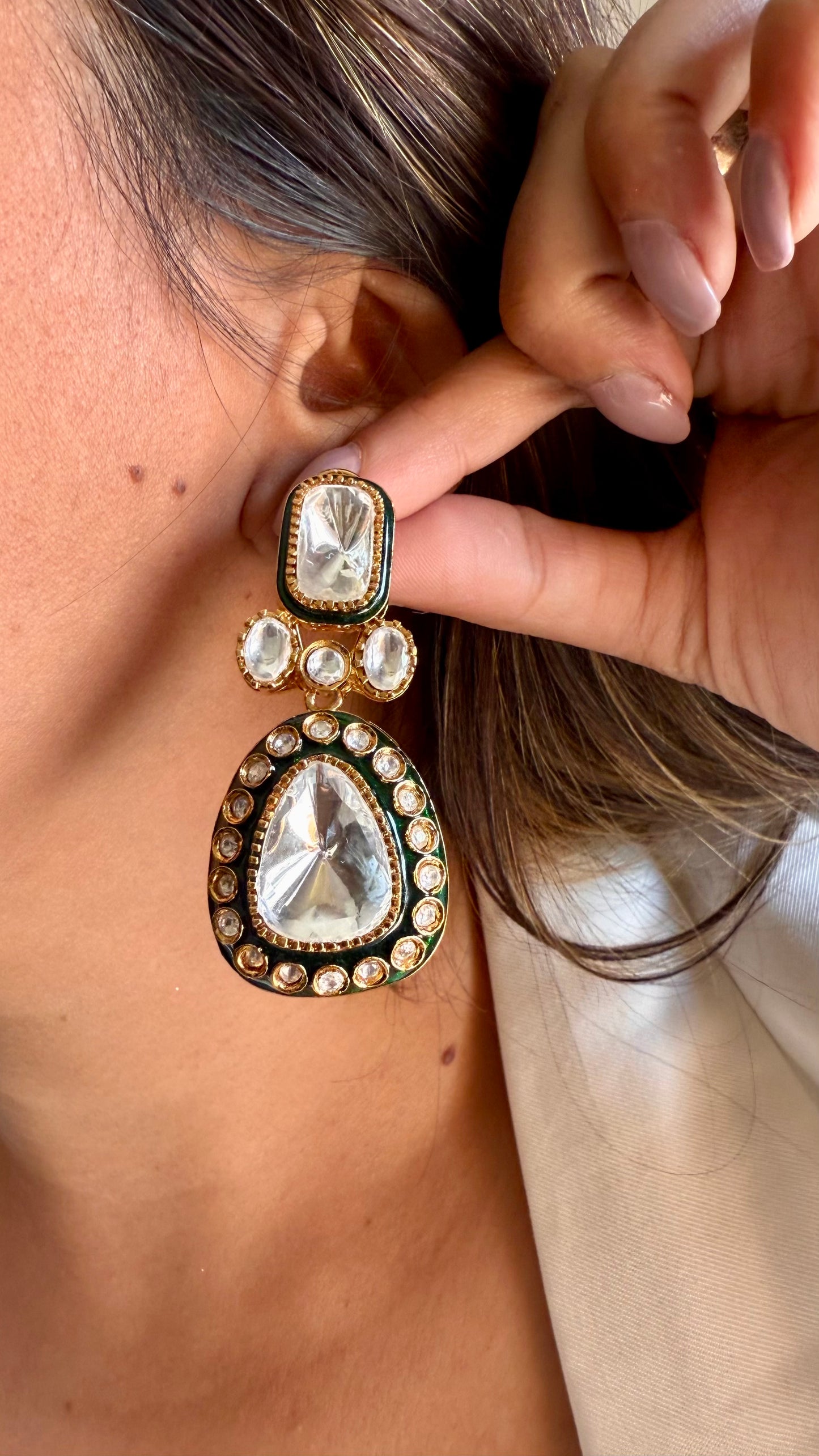 Emerald meenakari moissanite uncut polki earrings