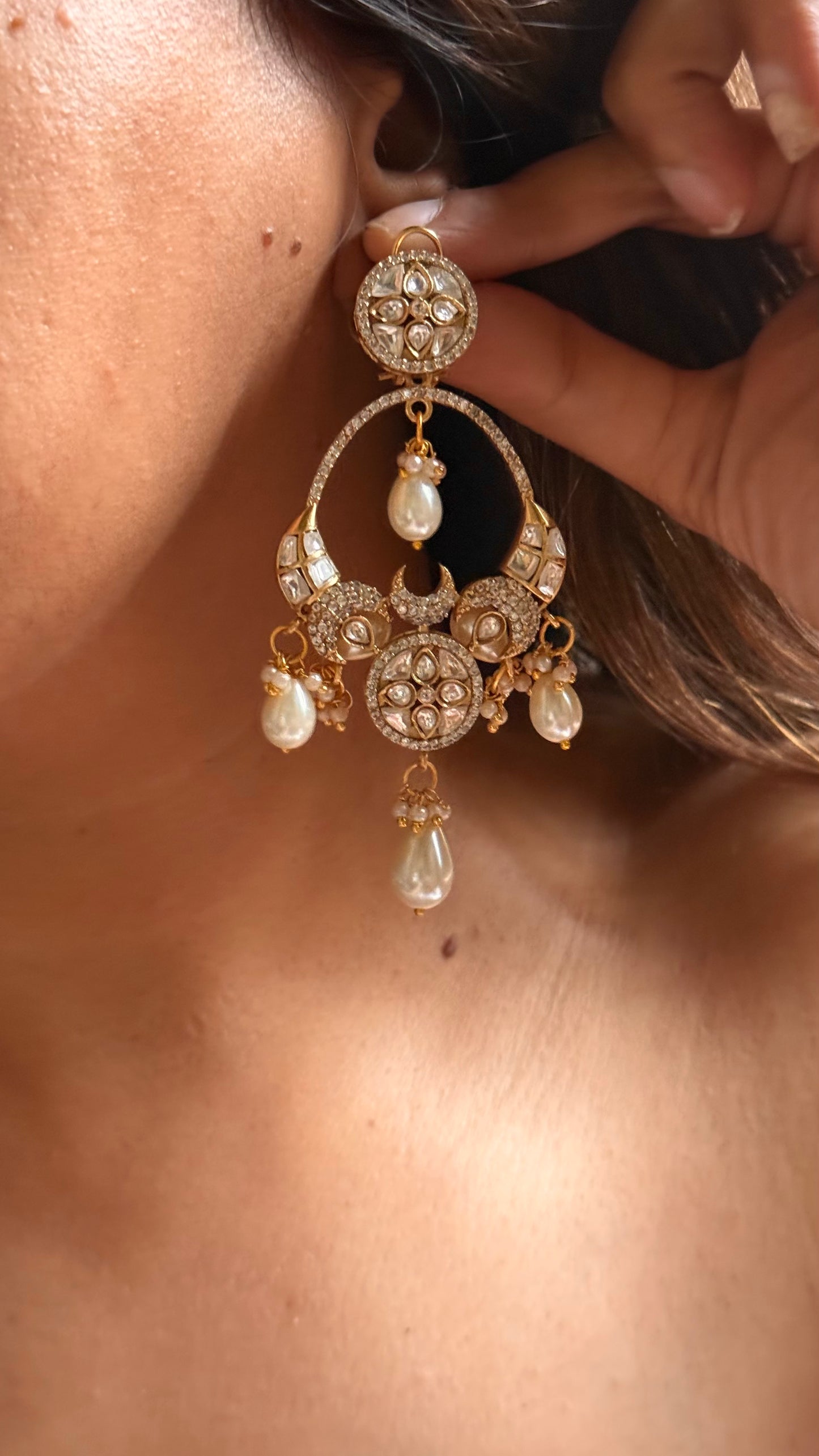 Moissanite polki with white pearl drop chandbali