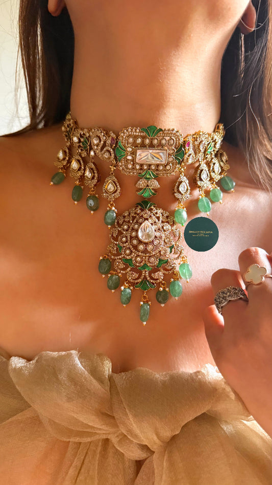 Emerald katdana and Rani pink moissanite uncut polki choker set