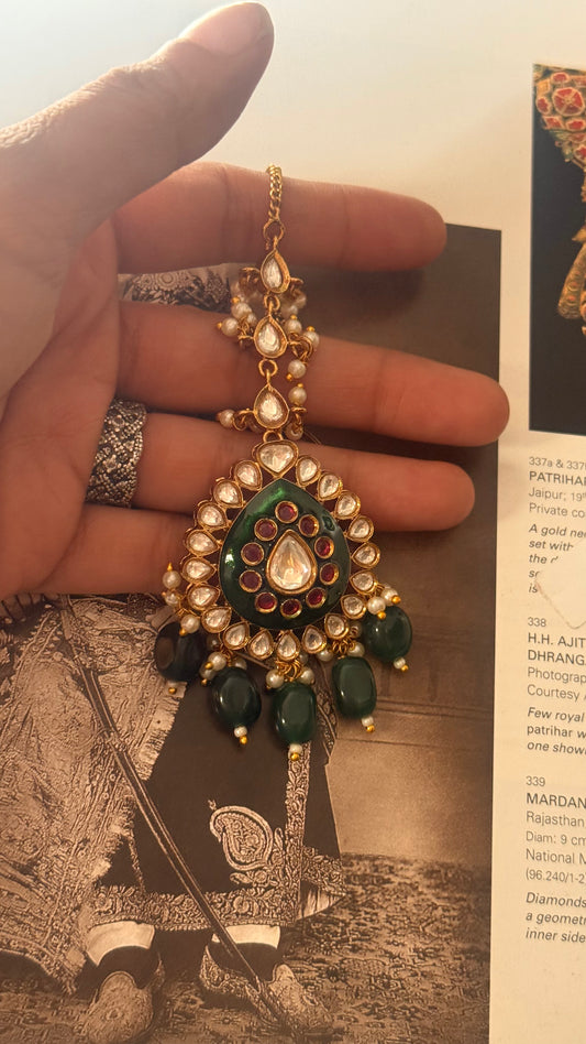 Emerald & ruby meenakari with emerald drop  maangtika