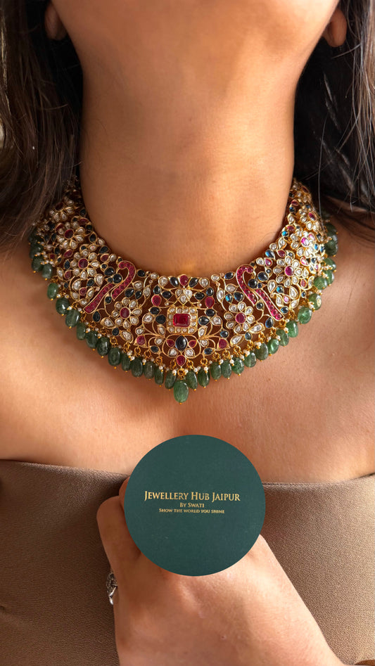 Heritage moissanite Rani pink ruby & sapphire with emerald drops necklace