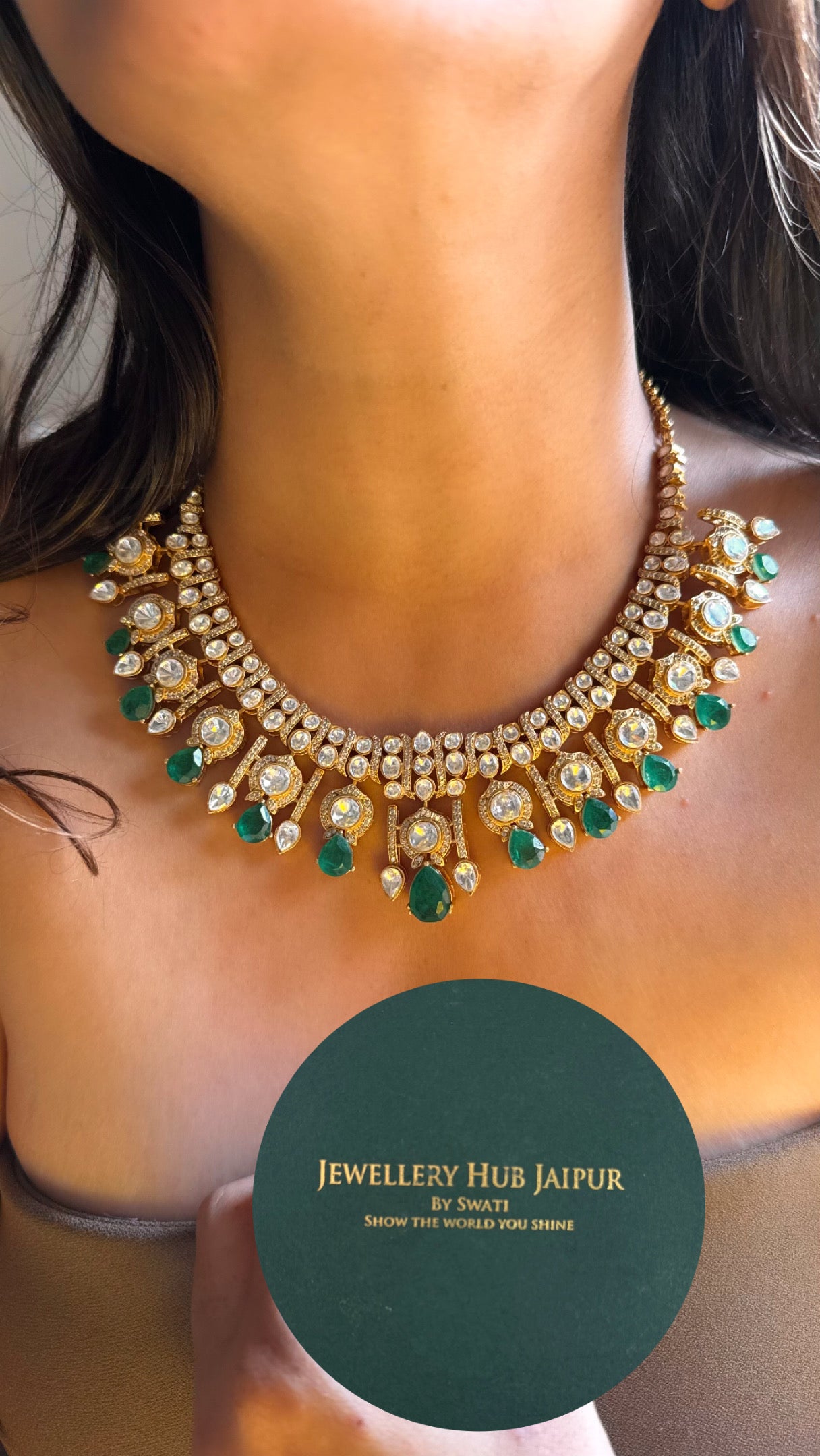 Real Moissanite  with emerald doublet stone collar Necklace