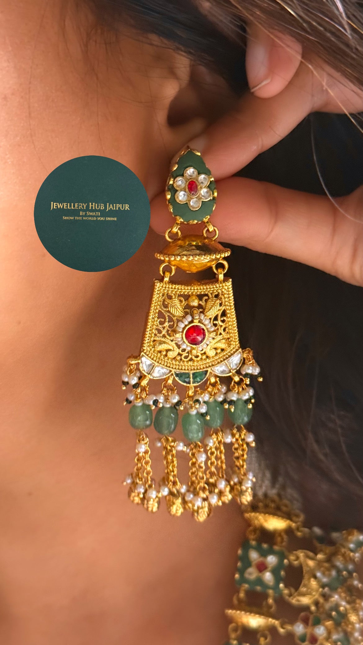 Handmade Heritage Polki Mint inlay work & rani pink with mint drops rajwada heritage mid length set