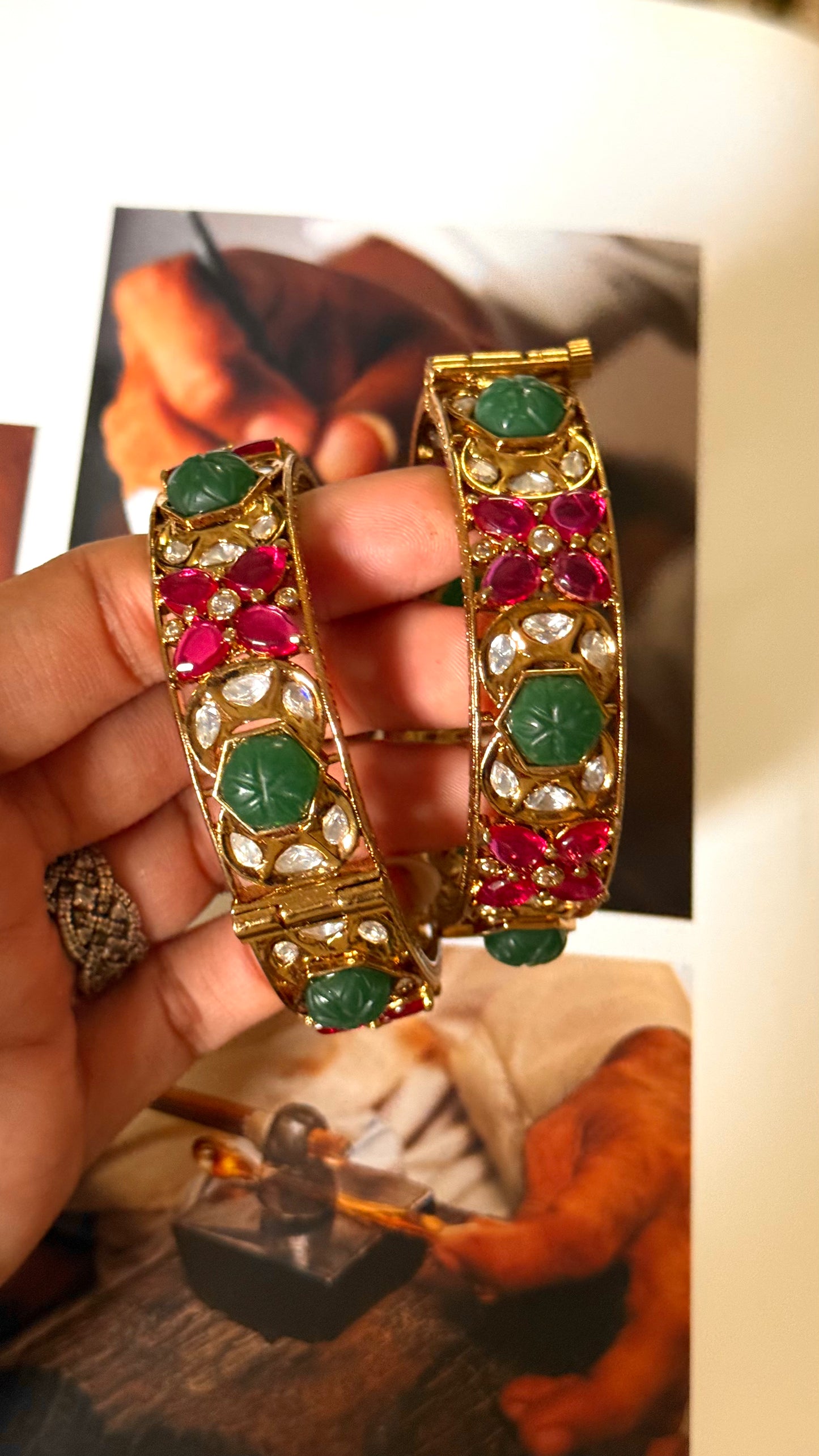 Emerald inlay & rani pink floral openable bangle