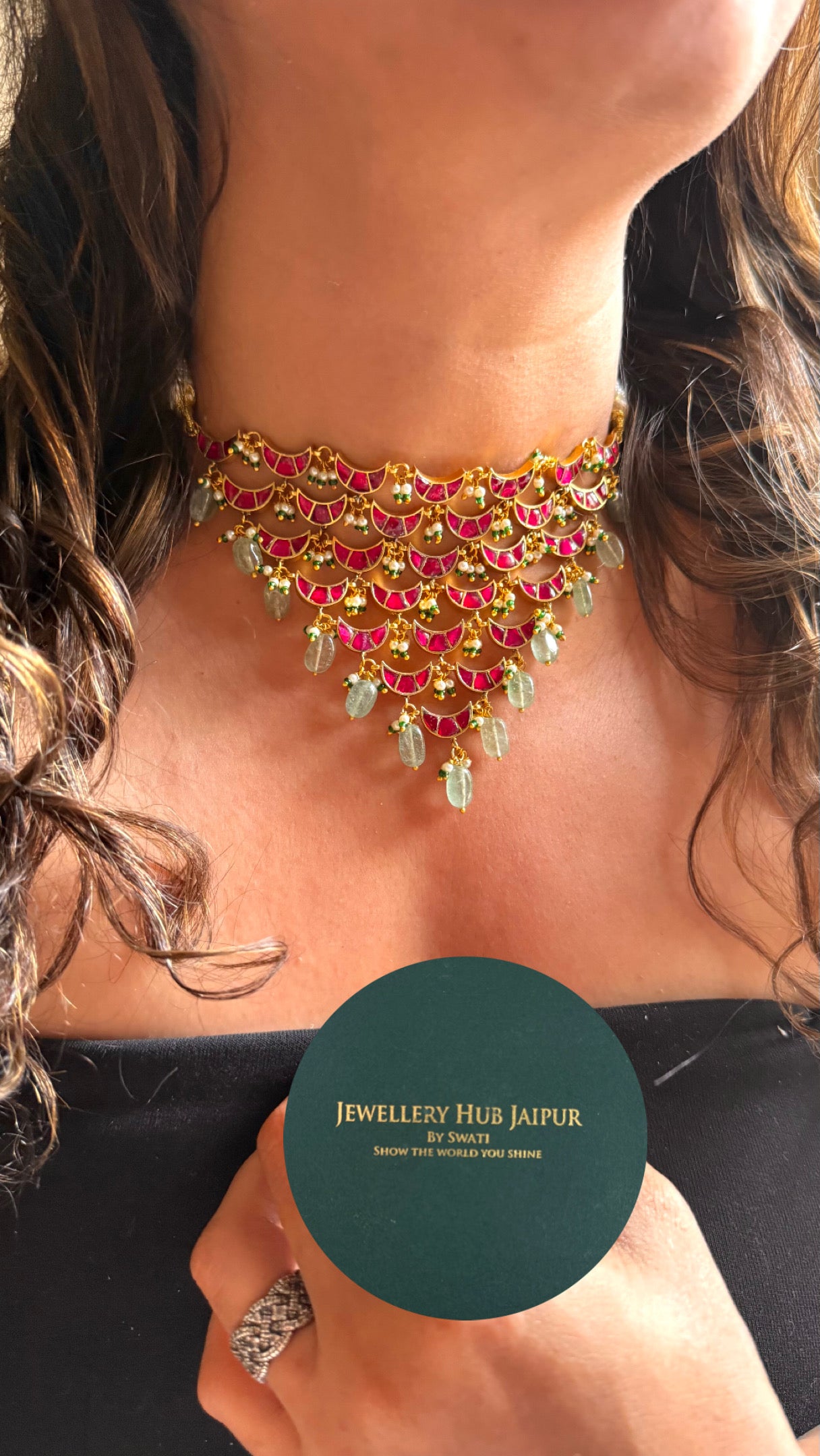 Designer half moon shape with mint wdesigner choker necklace