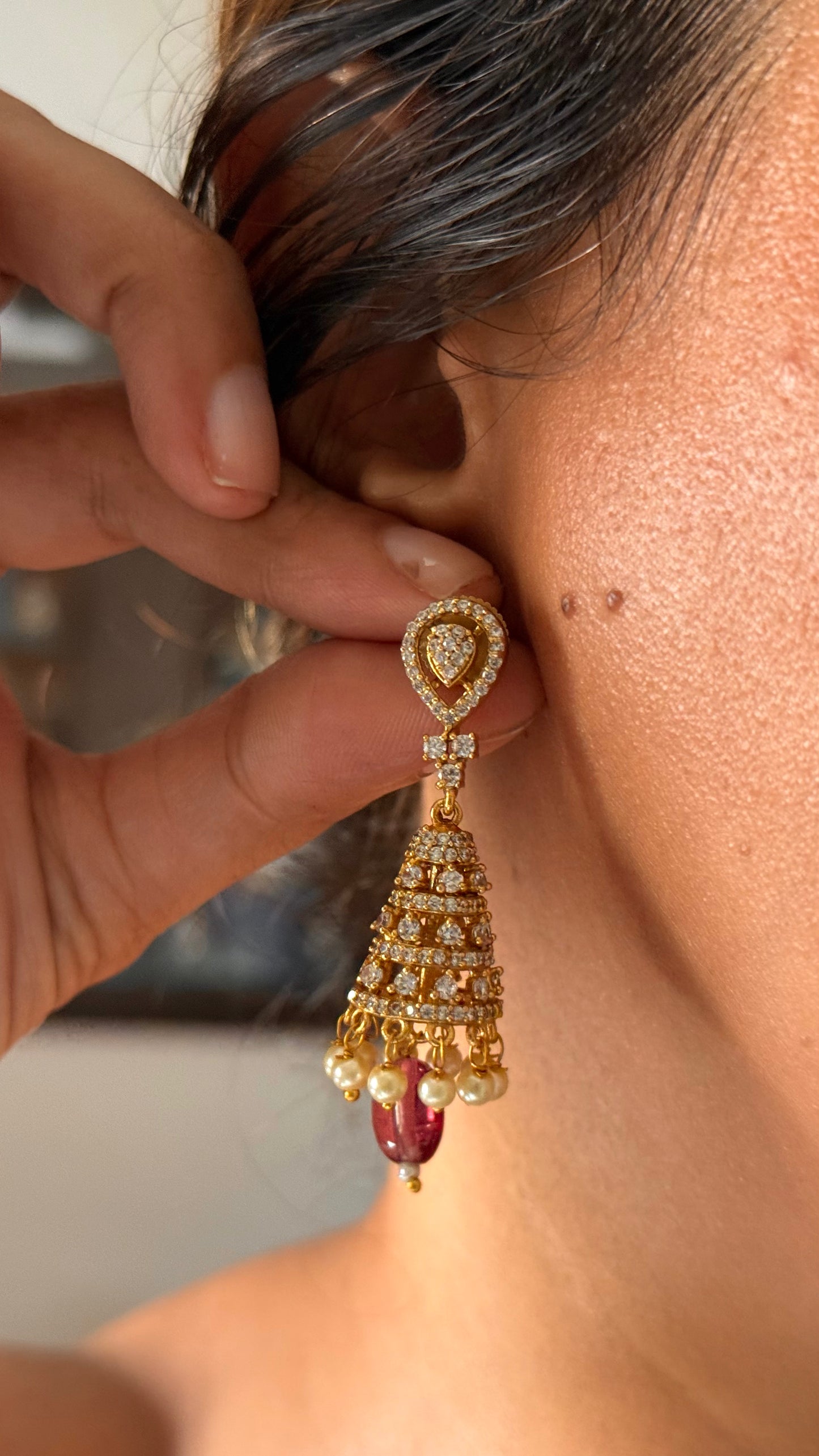 Designer jhumki pendant with rani pink ruby pearl detailing choker