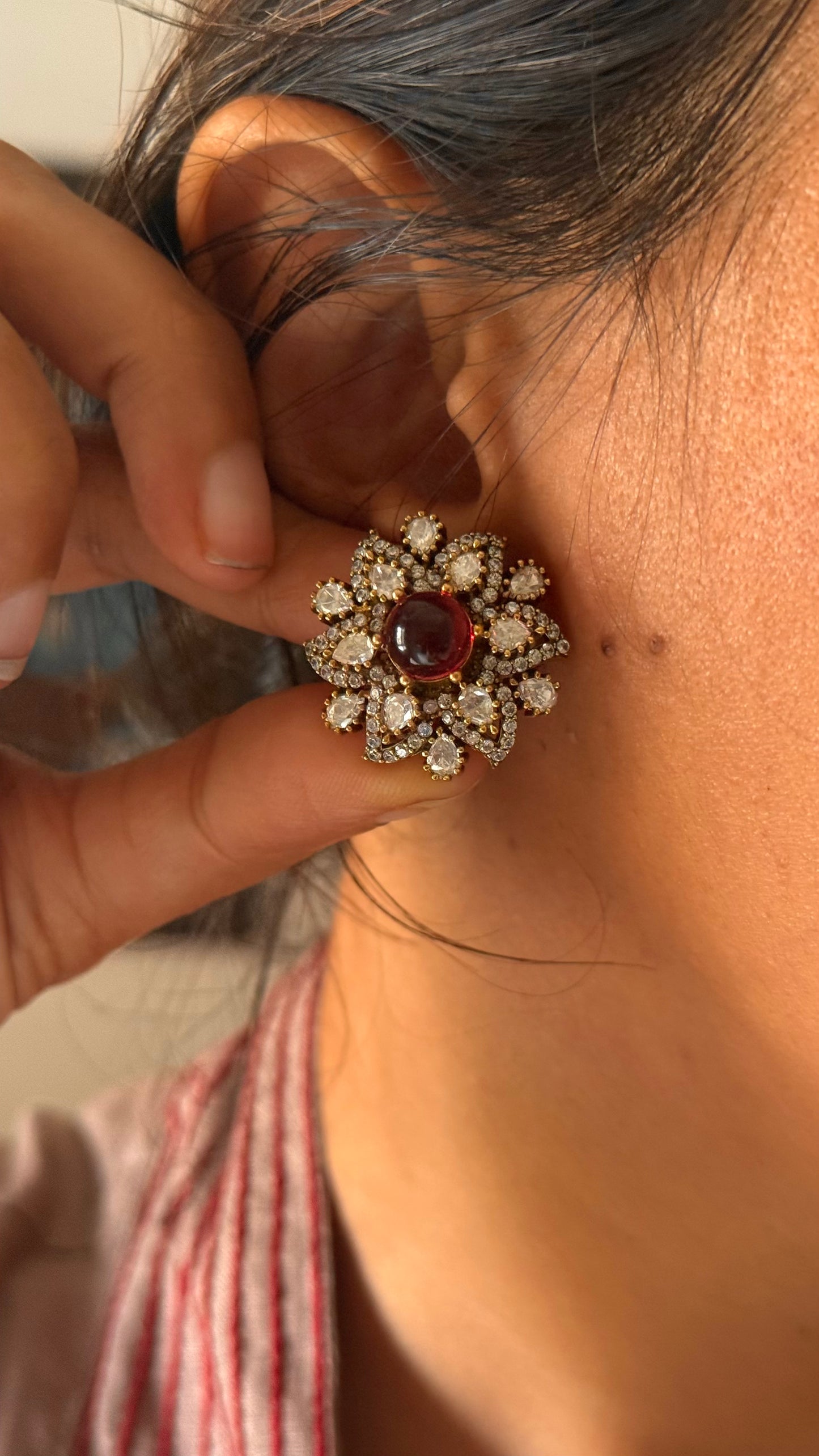 Ruby doublet moissanite victorian floral studs