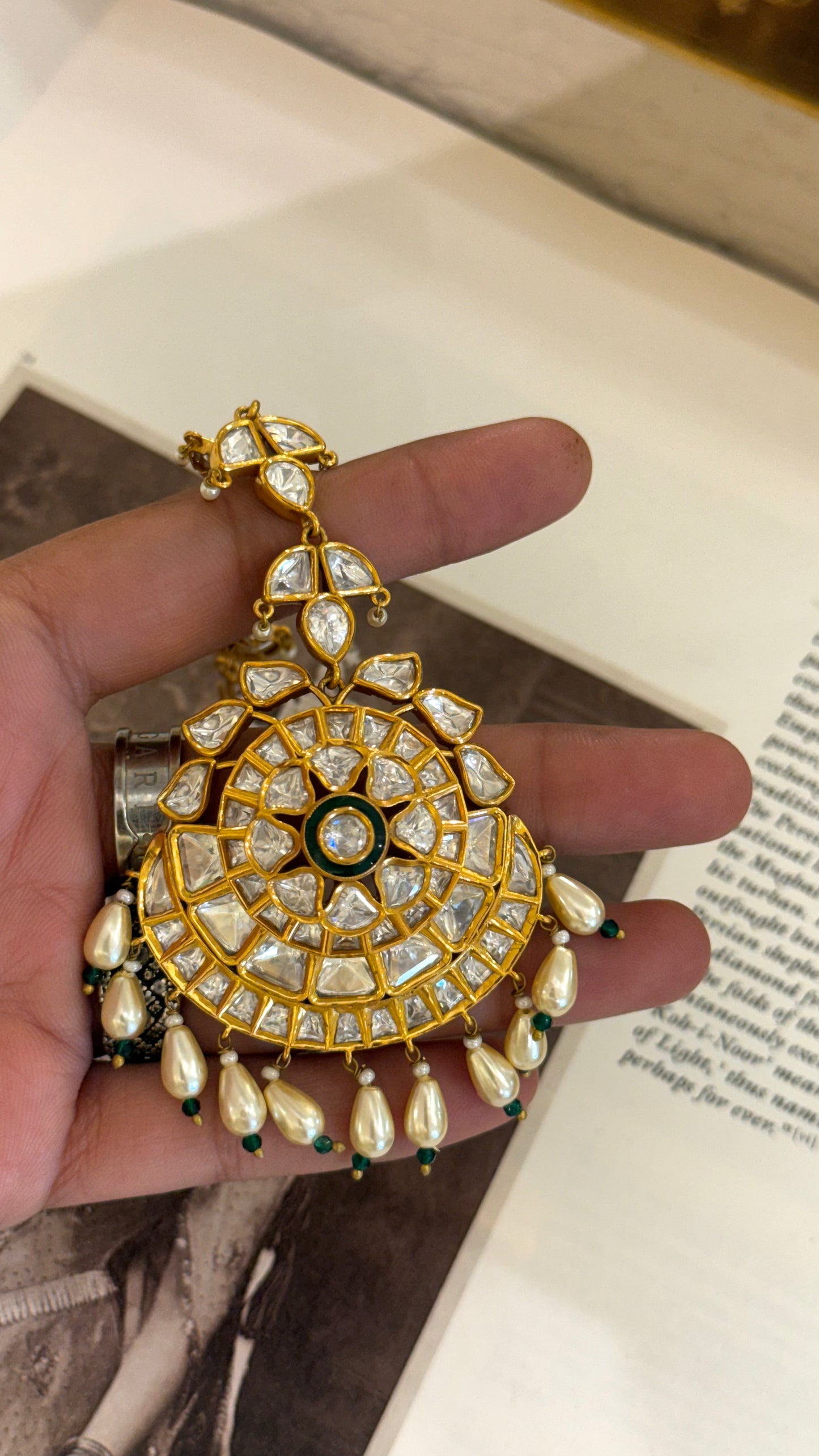 Meenakari maangtila with pearl drop & emerald detailing