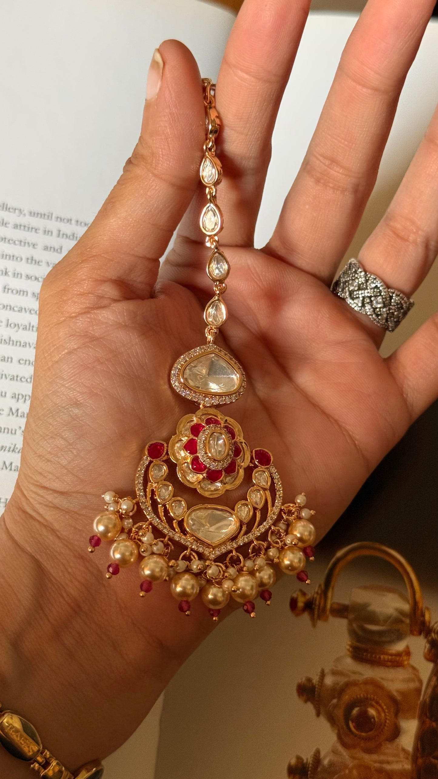 Ruby moissanite with pearl drop maangtika