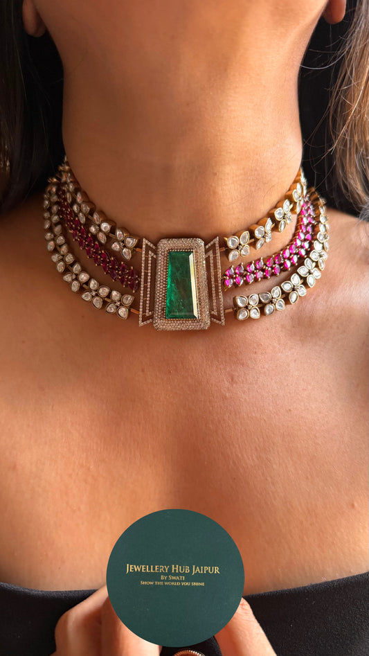 Emerald doublet & rani pink takkar work designer Necklace