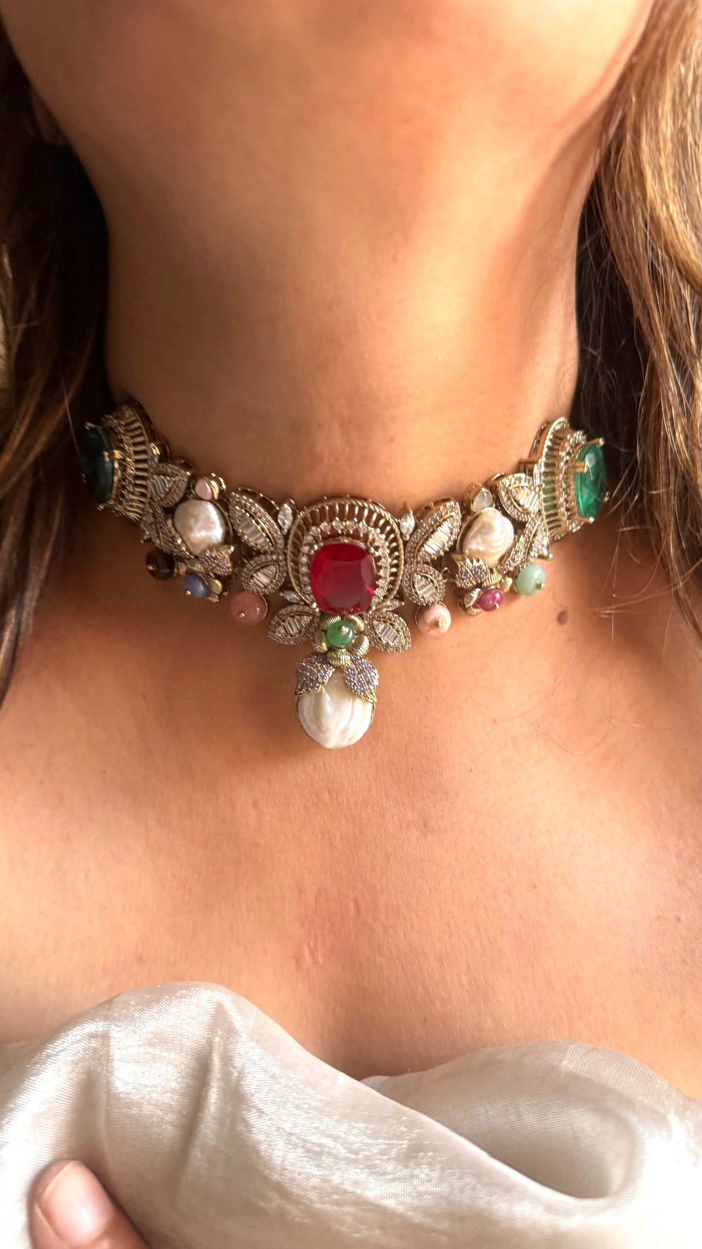 Ruby & Emerald Sabya inspired necklace with Mother of pearl detailing