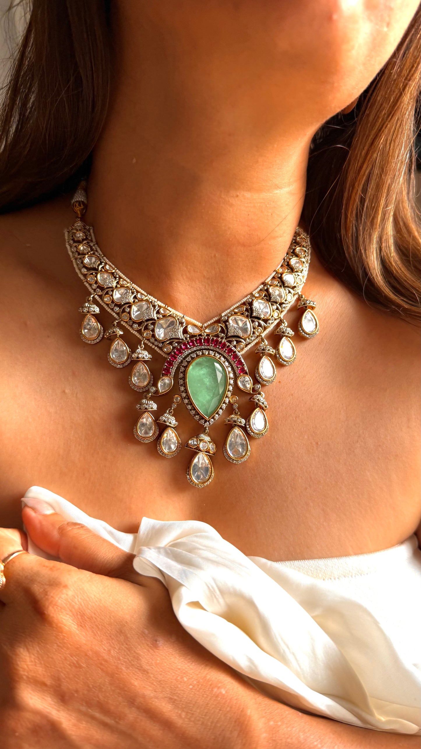 Vaishnavi Mint doublet & rani pink Moissanite set