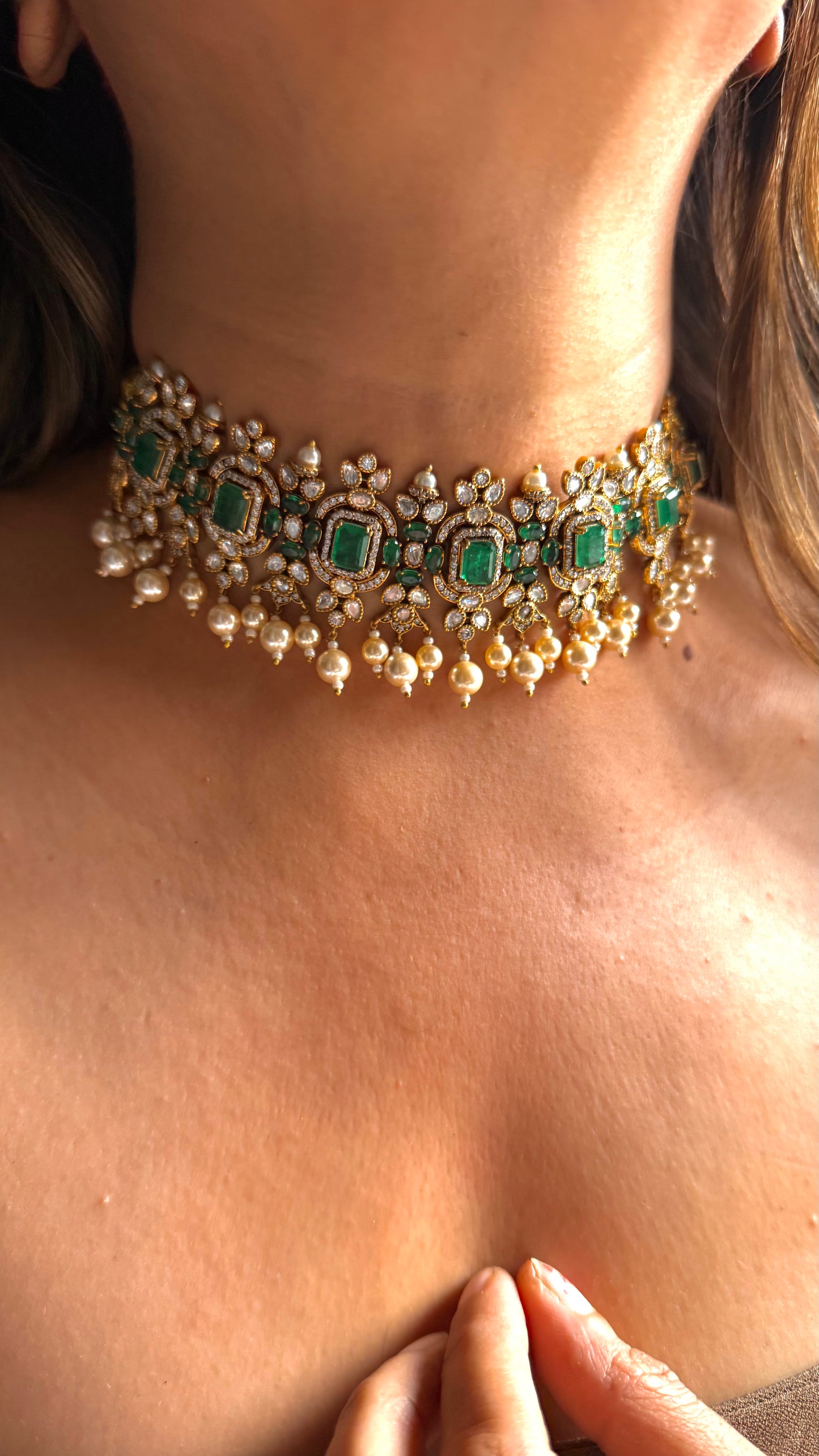 Emerald designer pearl drop victorian choker