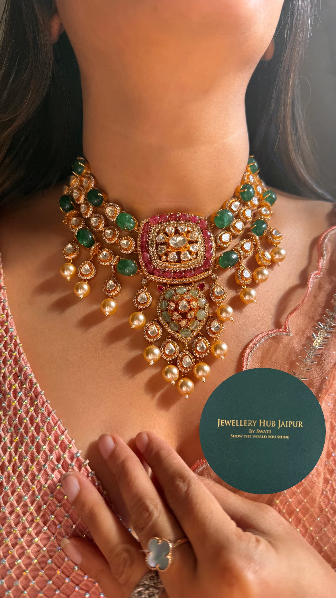 Real moissanite Ruby & Emerald designer polki necklace